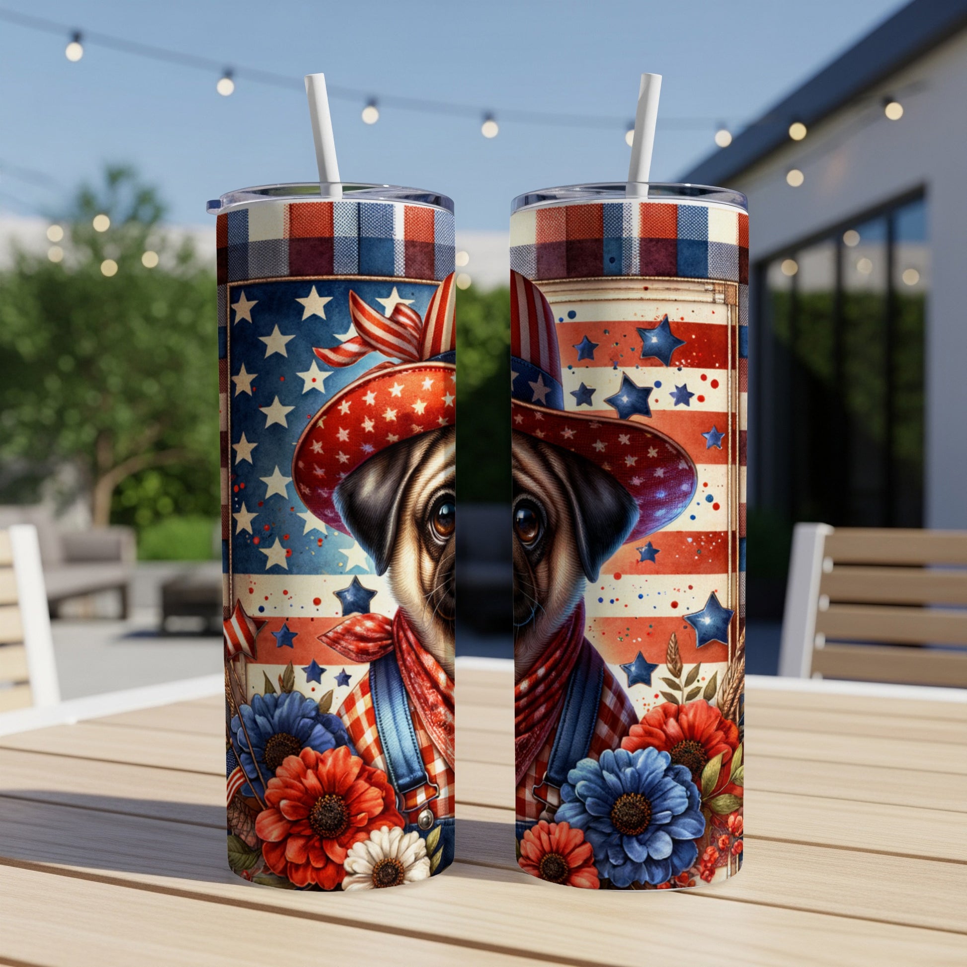 Patriotic pug wearing a star-spangled hat and overalls with flowers.