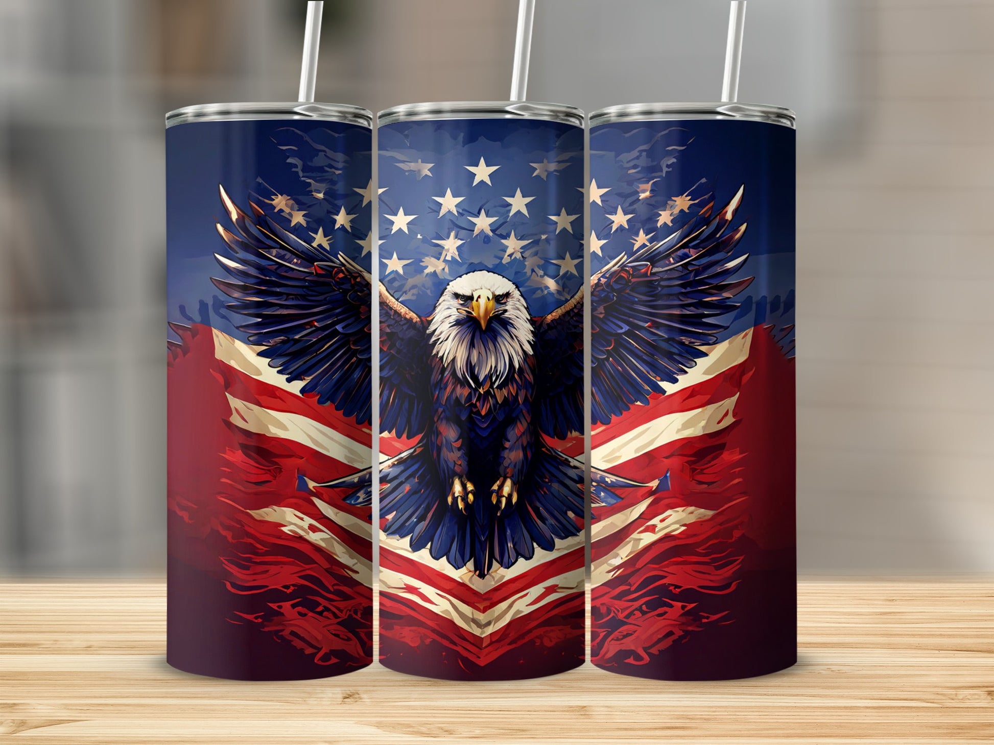 Patriotic tumbler with eagle and American flag design.