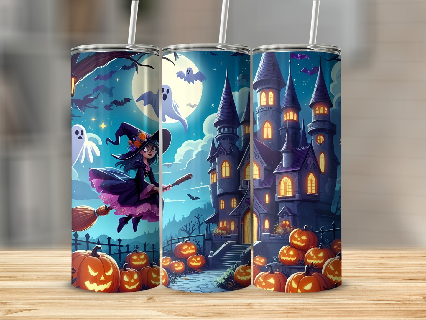 Halloween tumbler with witch, castle, ghosts, bats, and jack-o'-lanterns.