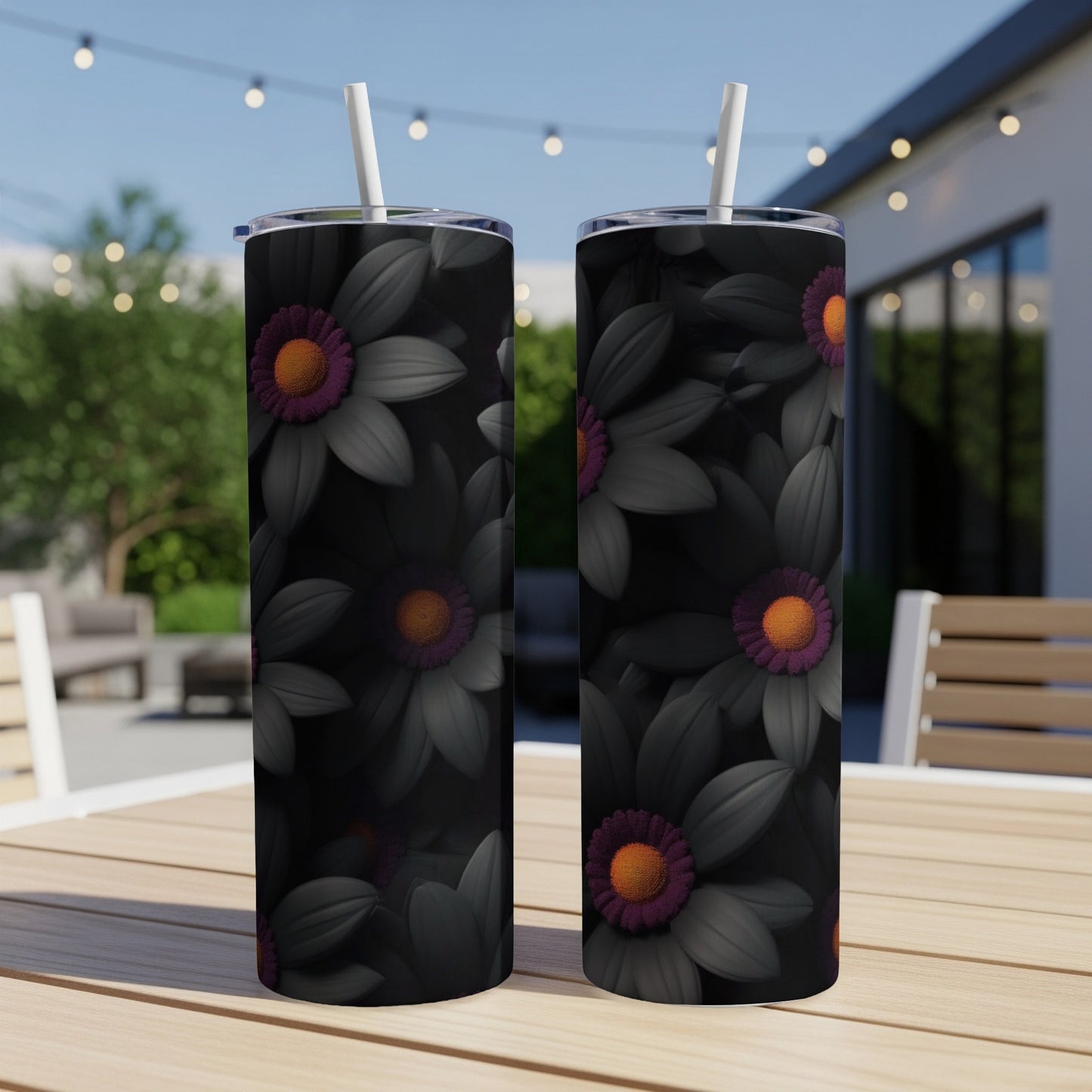 Two tumblers with a dark floral pattern of black petals and purple centers.