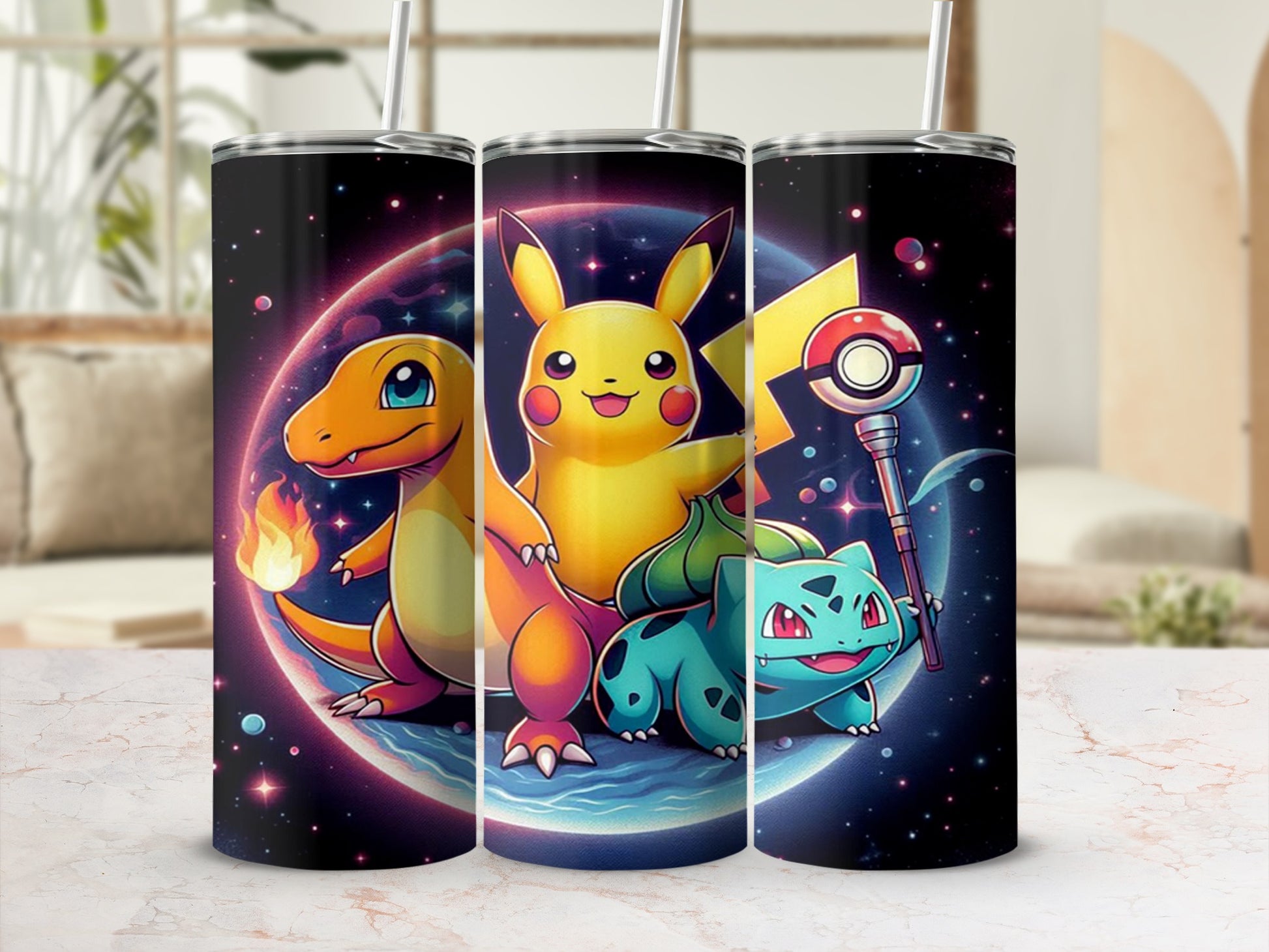 Vibrant Pokemon Character Design Tumbler with Lid and Straw