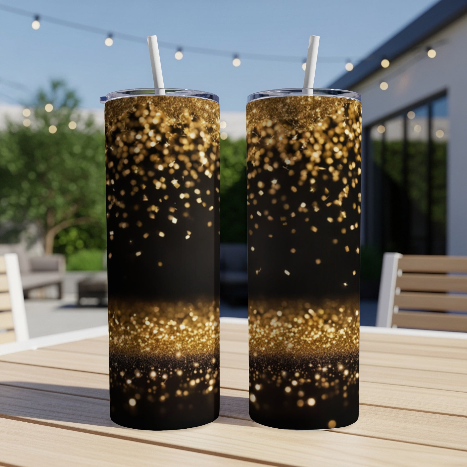 Two black tumblers with gold glitter effect and straws.