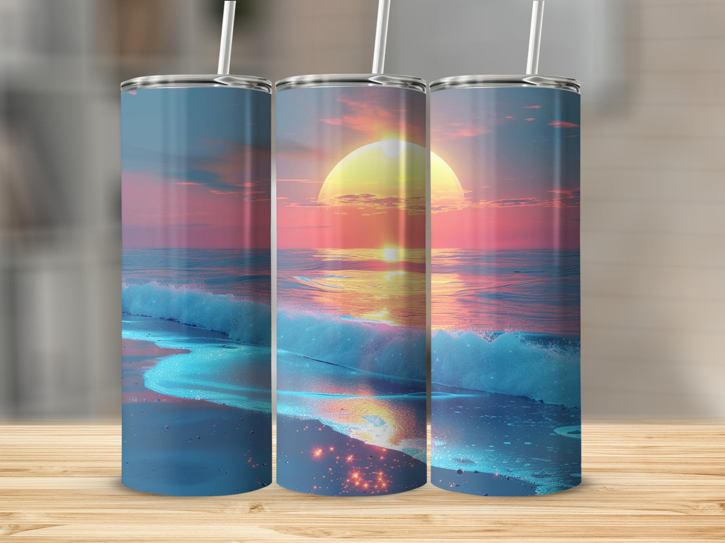 Tumbler featuring a sunset over a sparkling ocean with waves.
