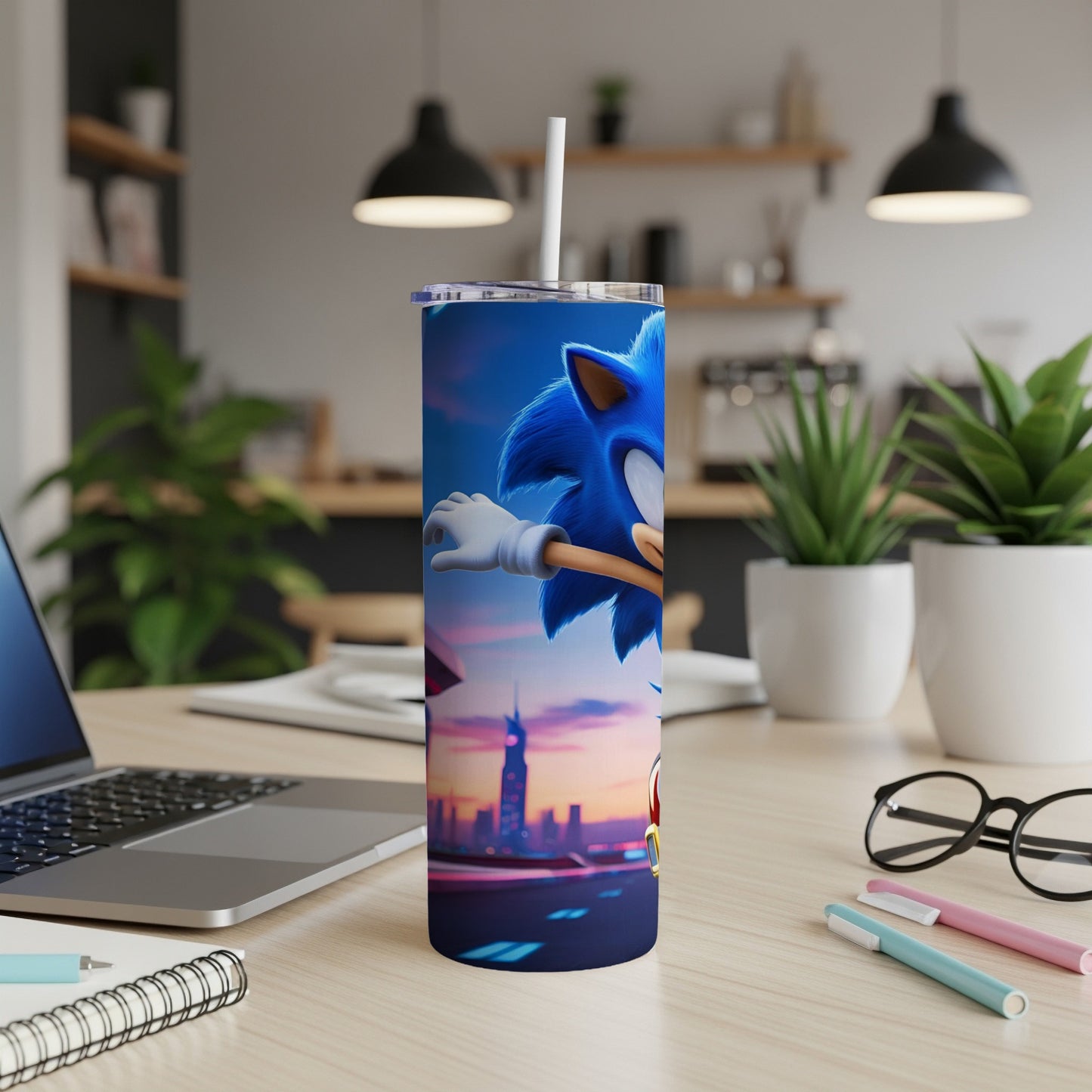 Sonic the Hedgehog themed insulated tumbler on a desk.