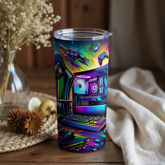 Vibrant Gaming Setup Design Tumbler Cup for Gamers