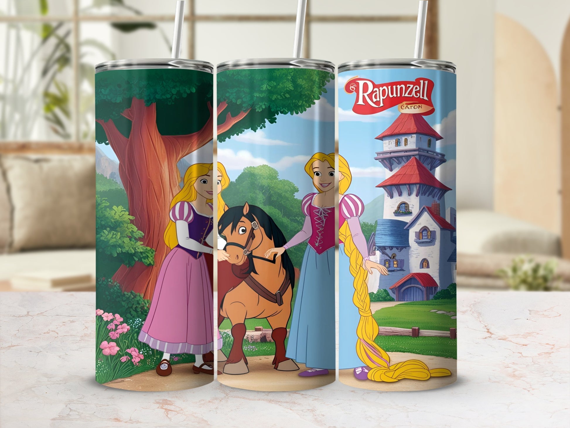 Rapunzel and Maximus horse on a tumbler with castle background.