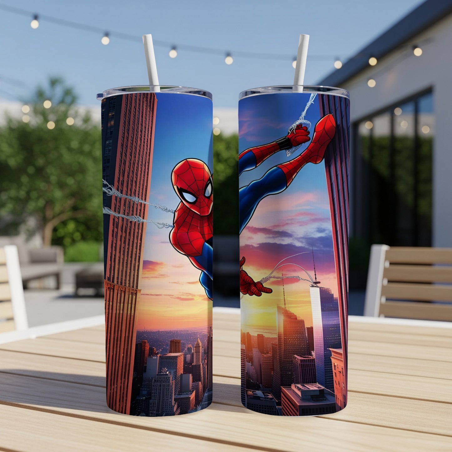 Spider-Man swings between city skyscrapers at sunset on two tall tumblers.