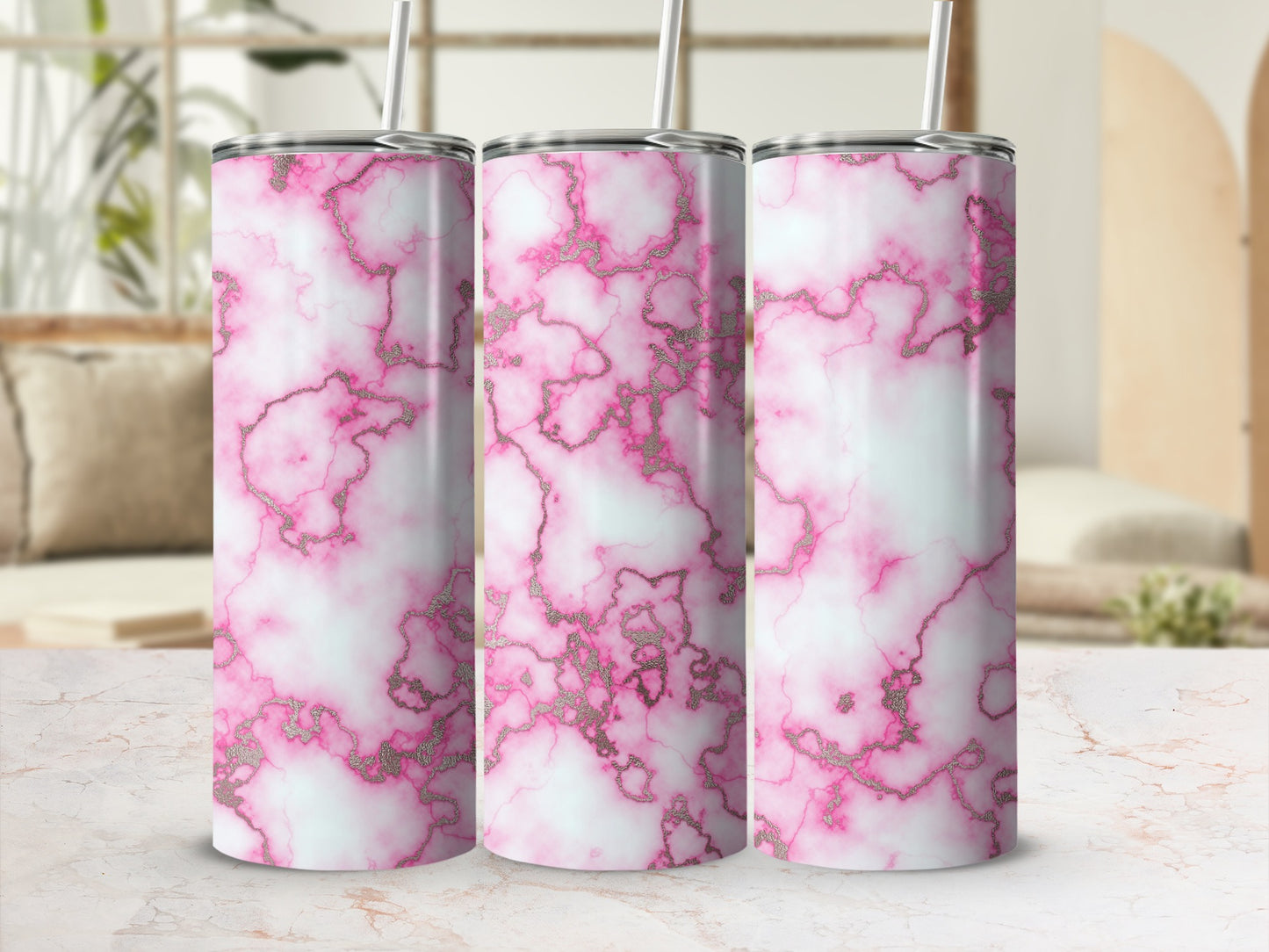 Three tumblers with pink marble and gold glitter design.