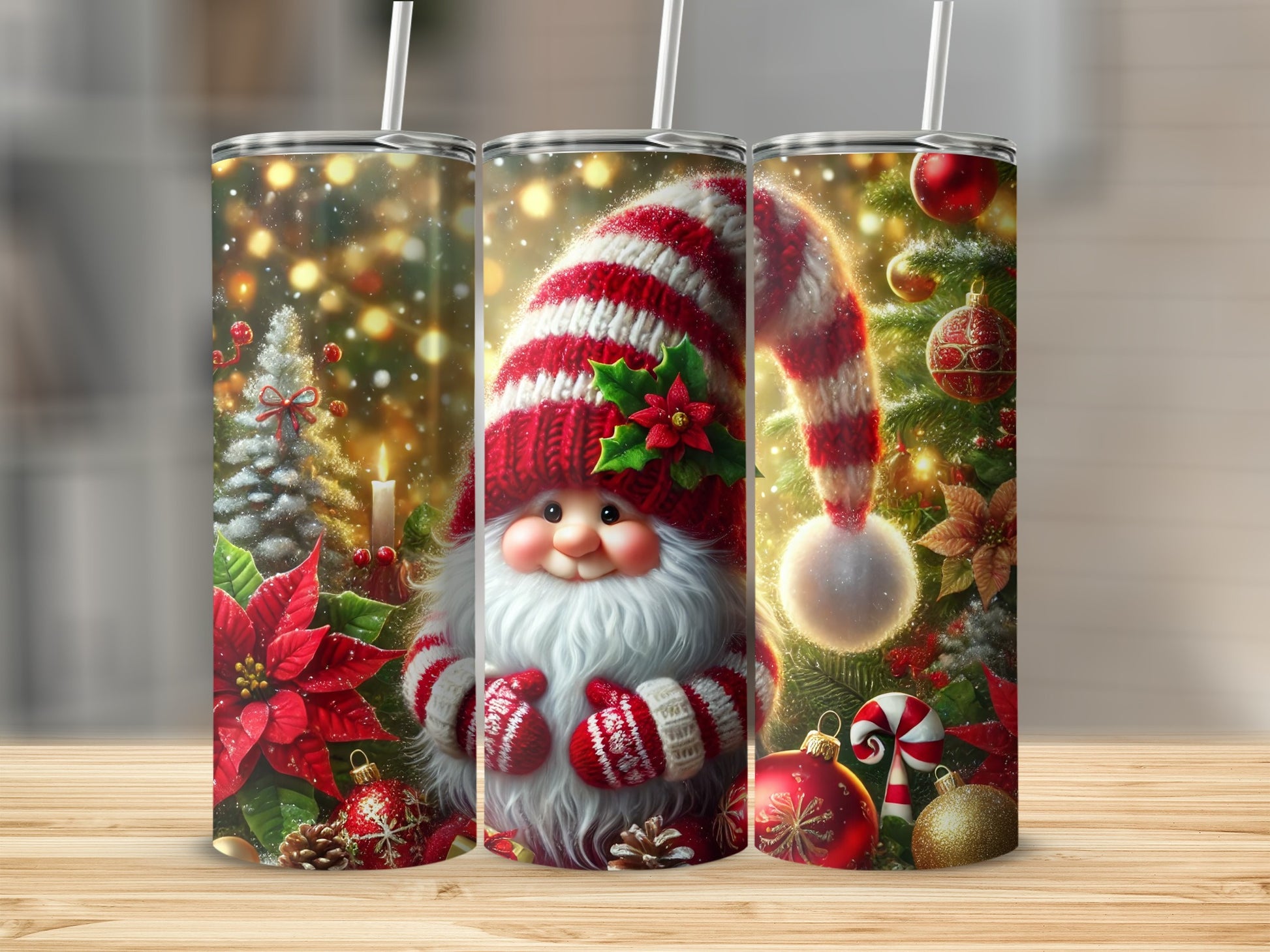 Three festive gnome tumblers with Christmas decorations and bokeh lights.