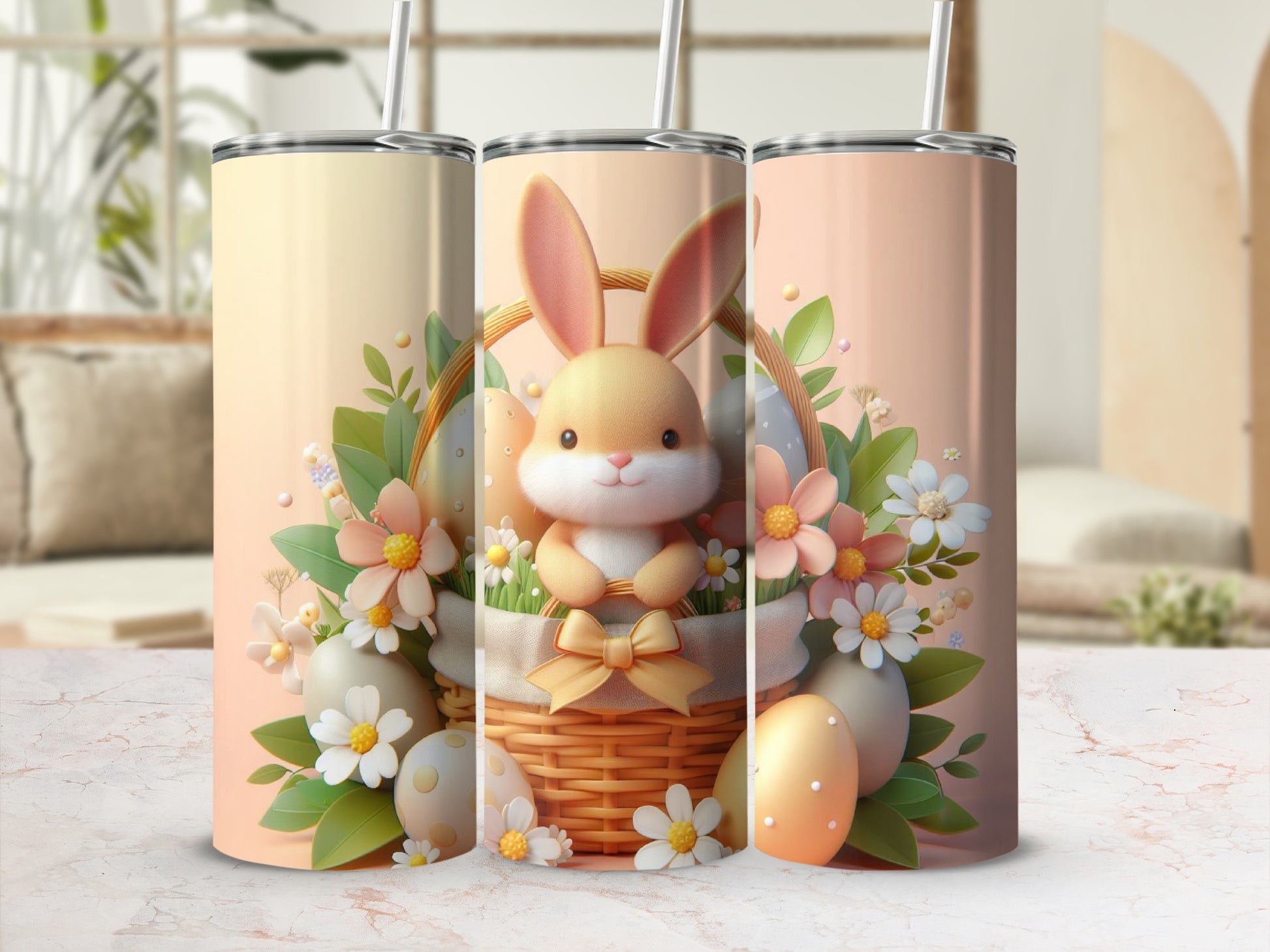 Easter bunny and eggs in a basket surrounded by flowers.