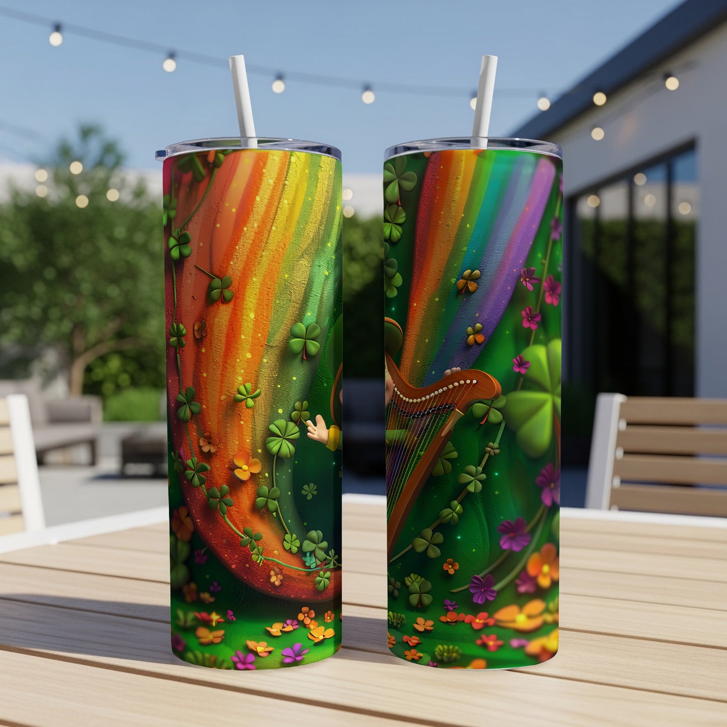 Two St. Patrick's Day tumblers with a rainbow and harp design.