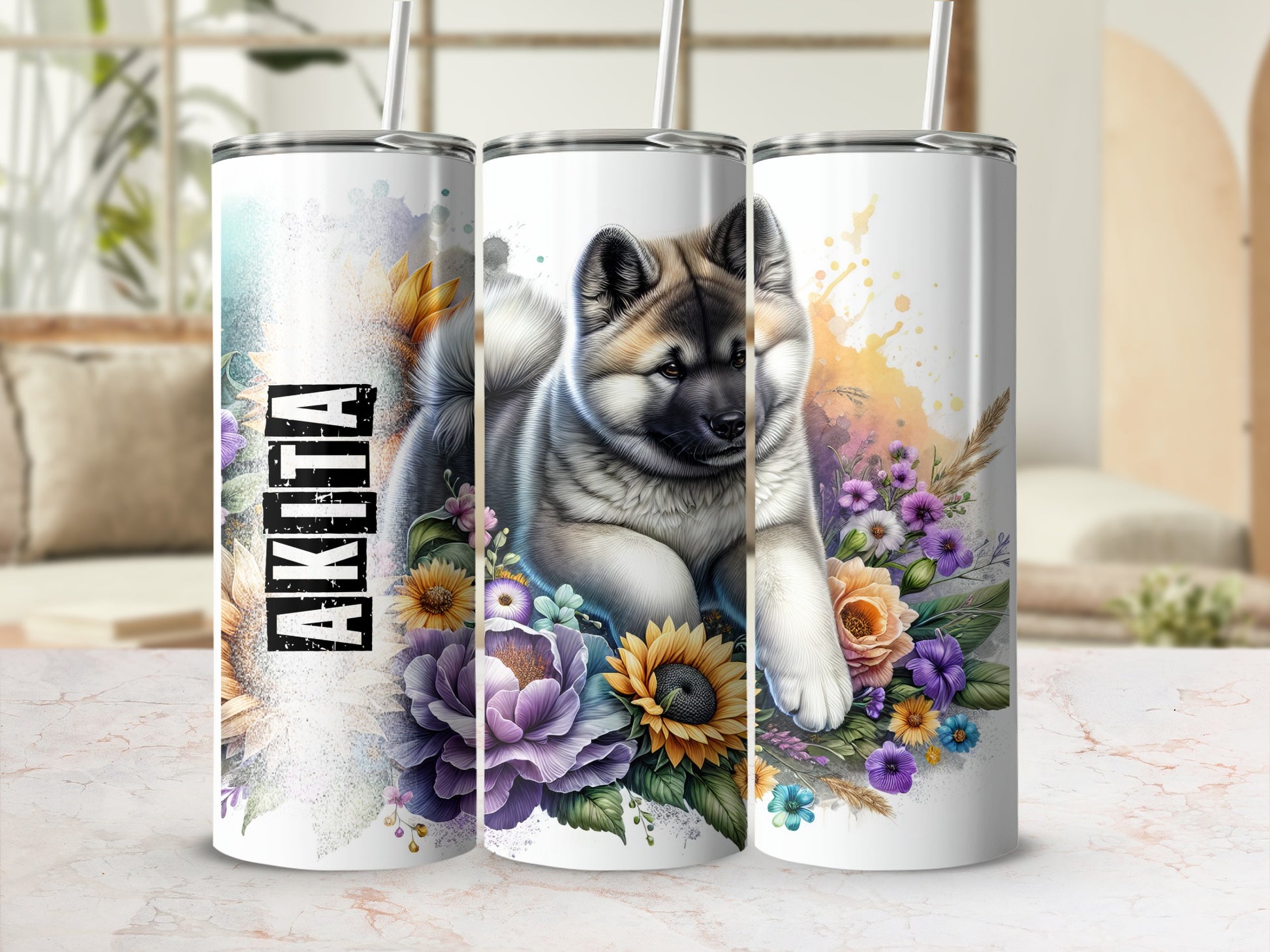 Akita dog on a white tumbler with floral watercolor accents.