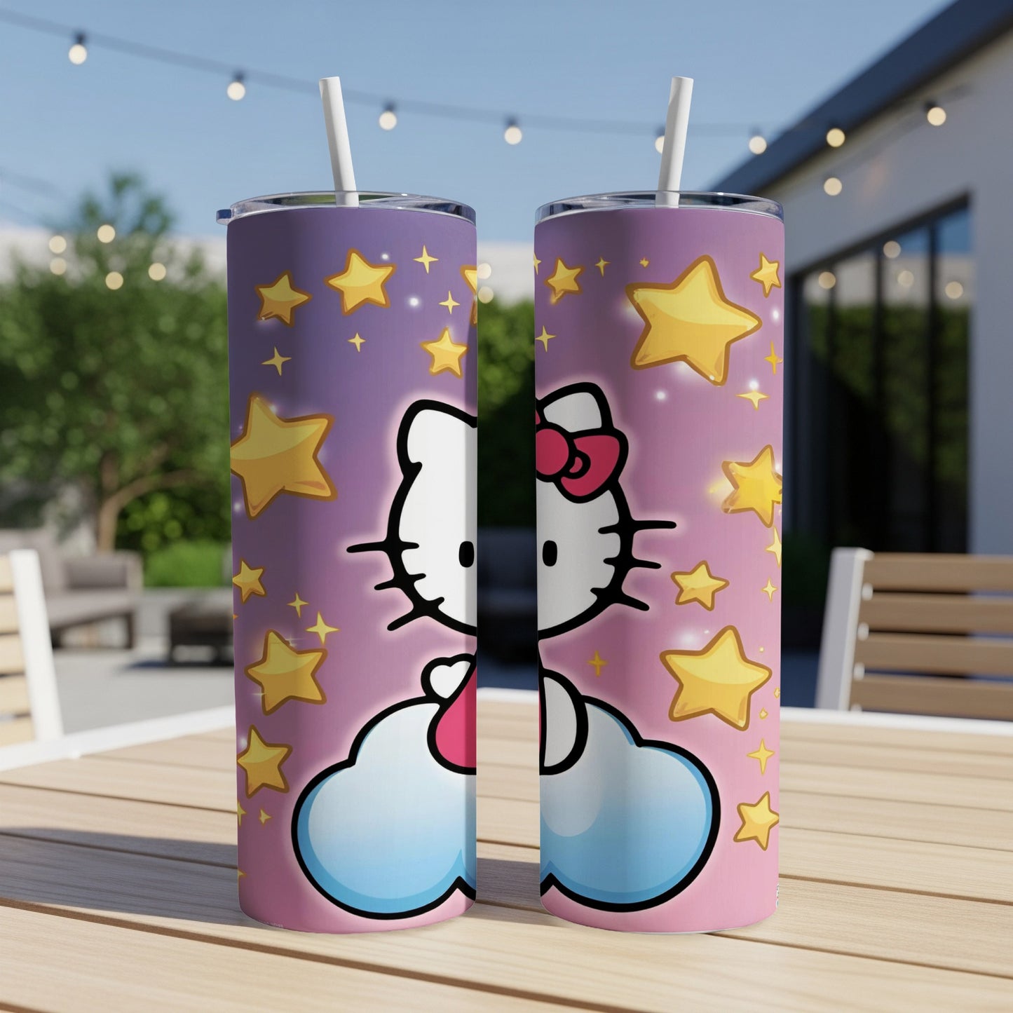 Hello Kitty with pink bow on a cloudy, starry background.