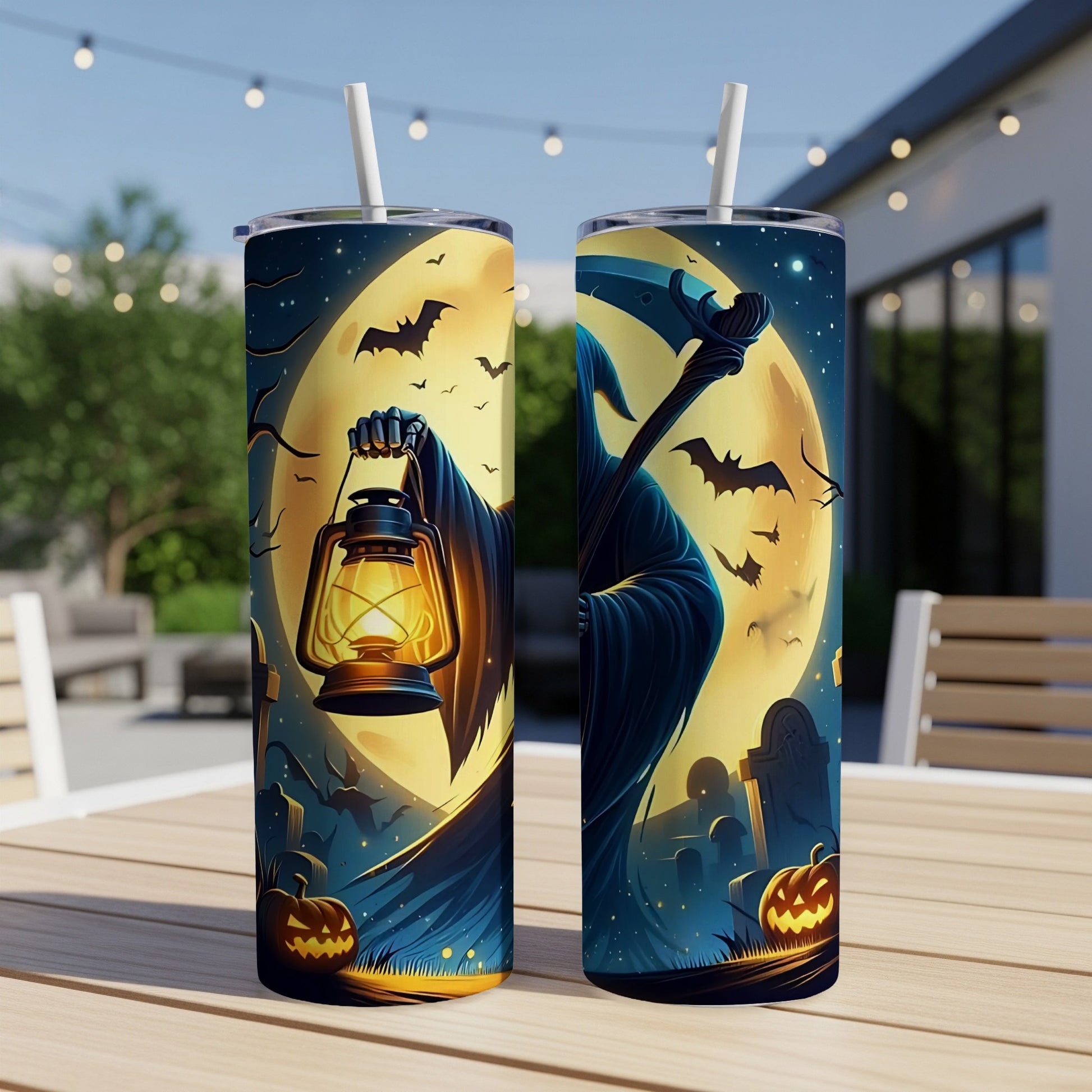 Two tumblers with Halloween grim reaper, moon, bats, pumpkins, and gravestones design.