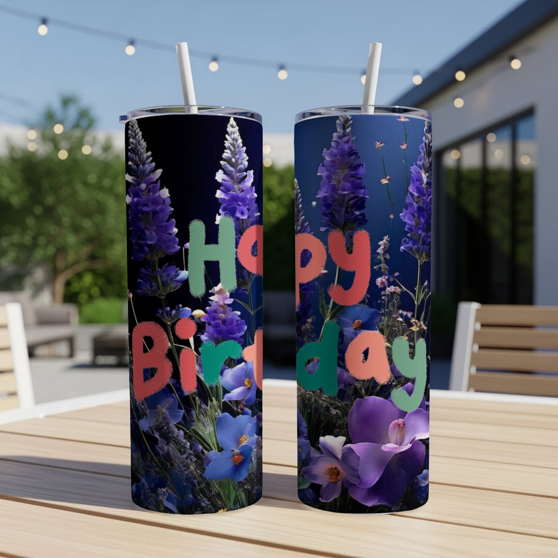 Tumblers with "Happy Birthday" text and floral designs.