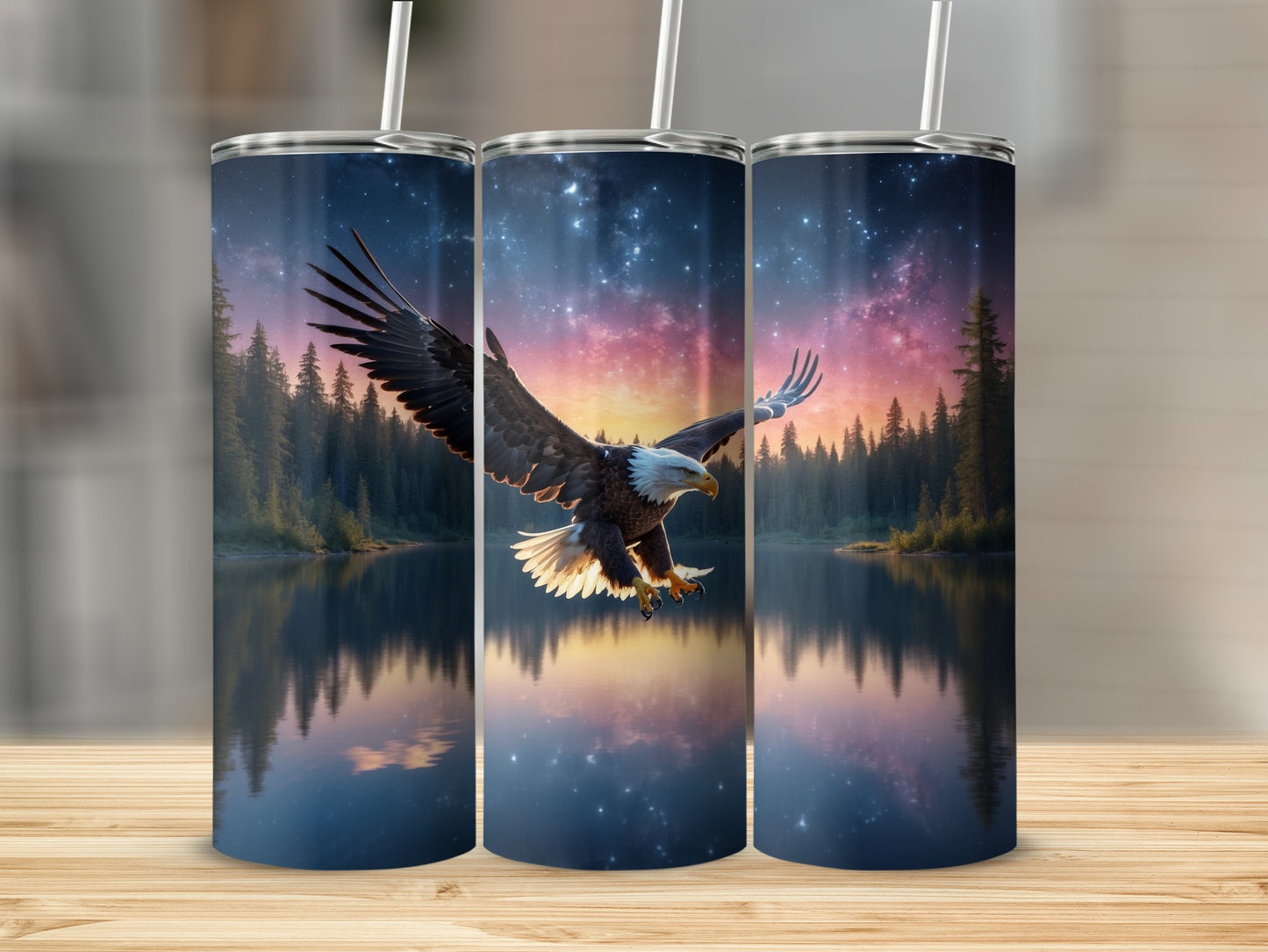 Eagle soaring over lake with starry night sky.