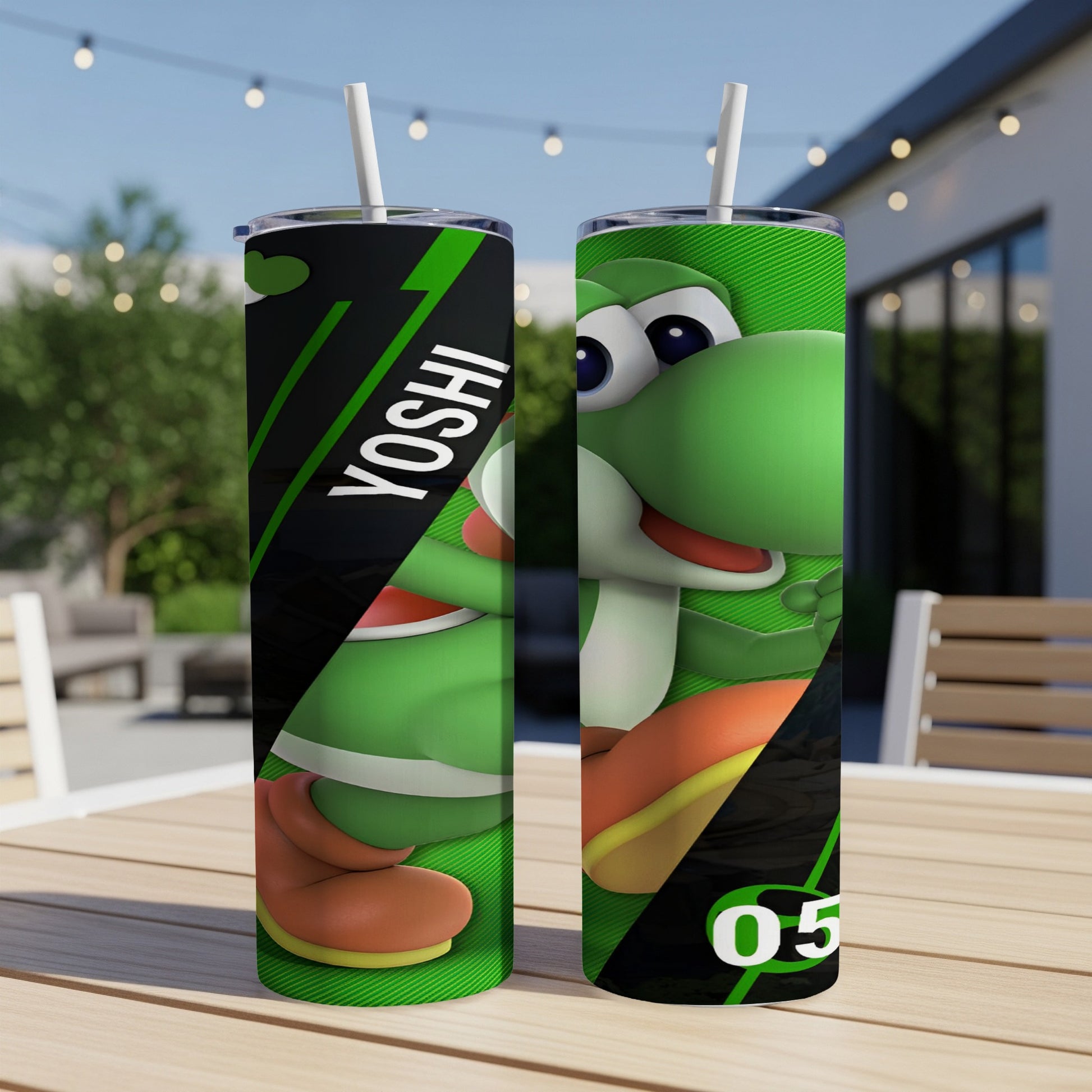 Yoshi character on a green and black tumbler with "YOSHI" and "05".