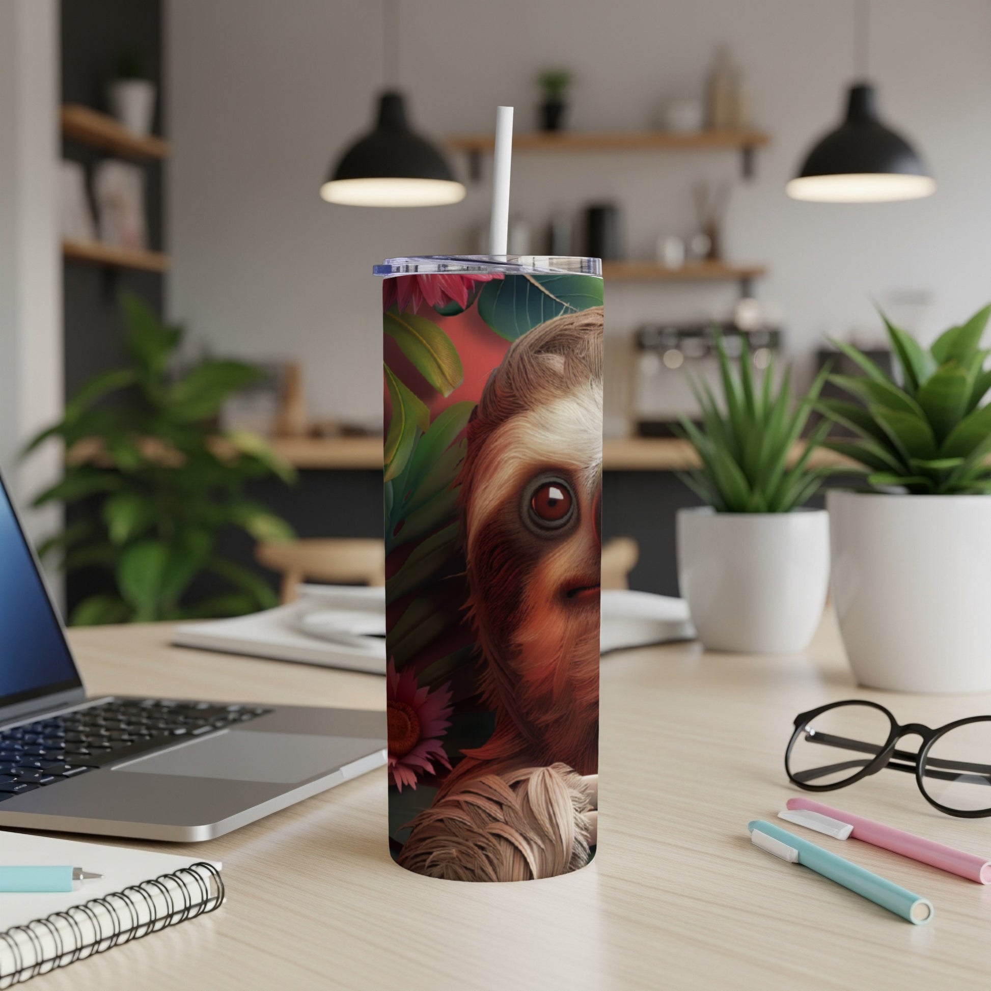 Tumbler with a close-up sloth face and tropical leaves.