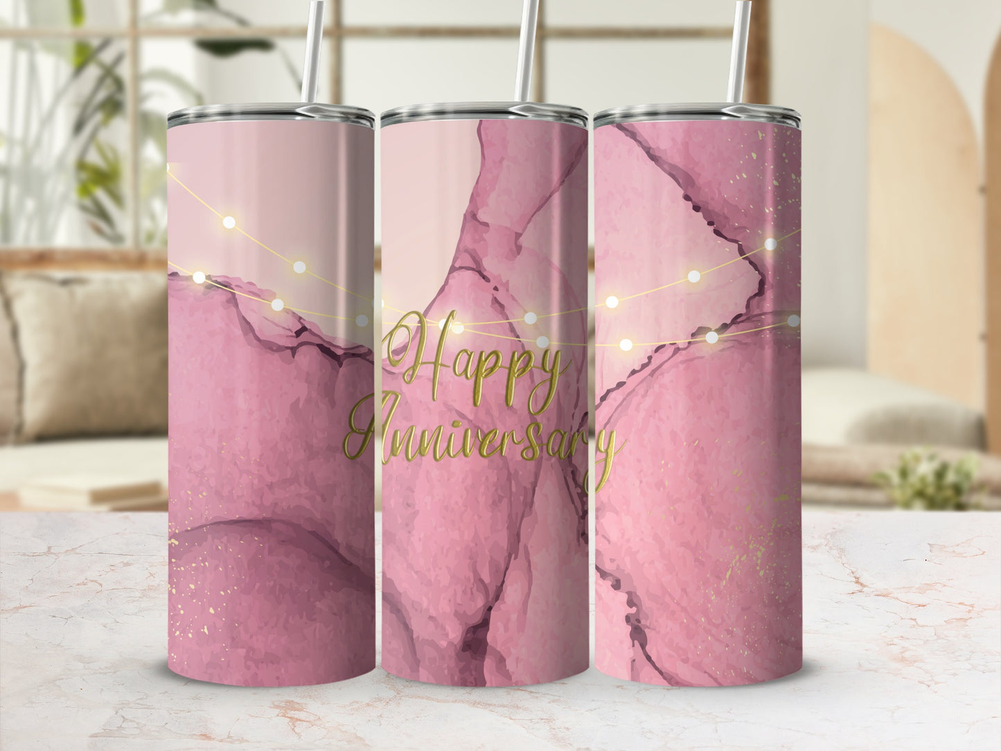 Pink marbled tumbler with "Happy Anniversary" text and gold accents.