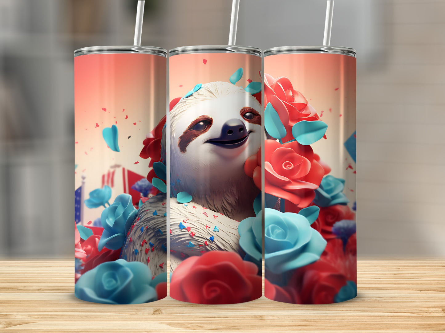 Sloth surrounded by red and blue roses and confetti.