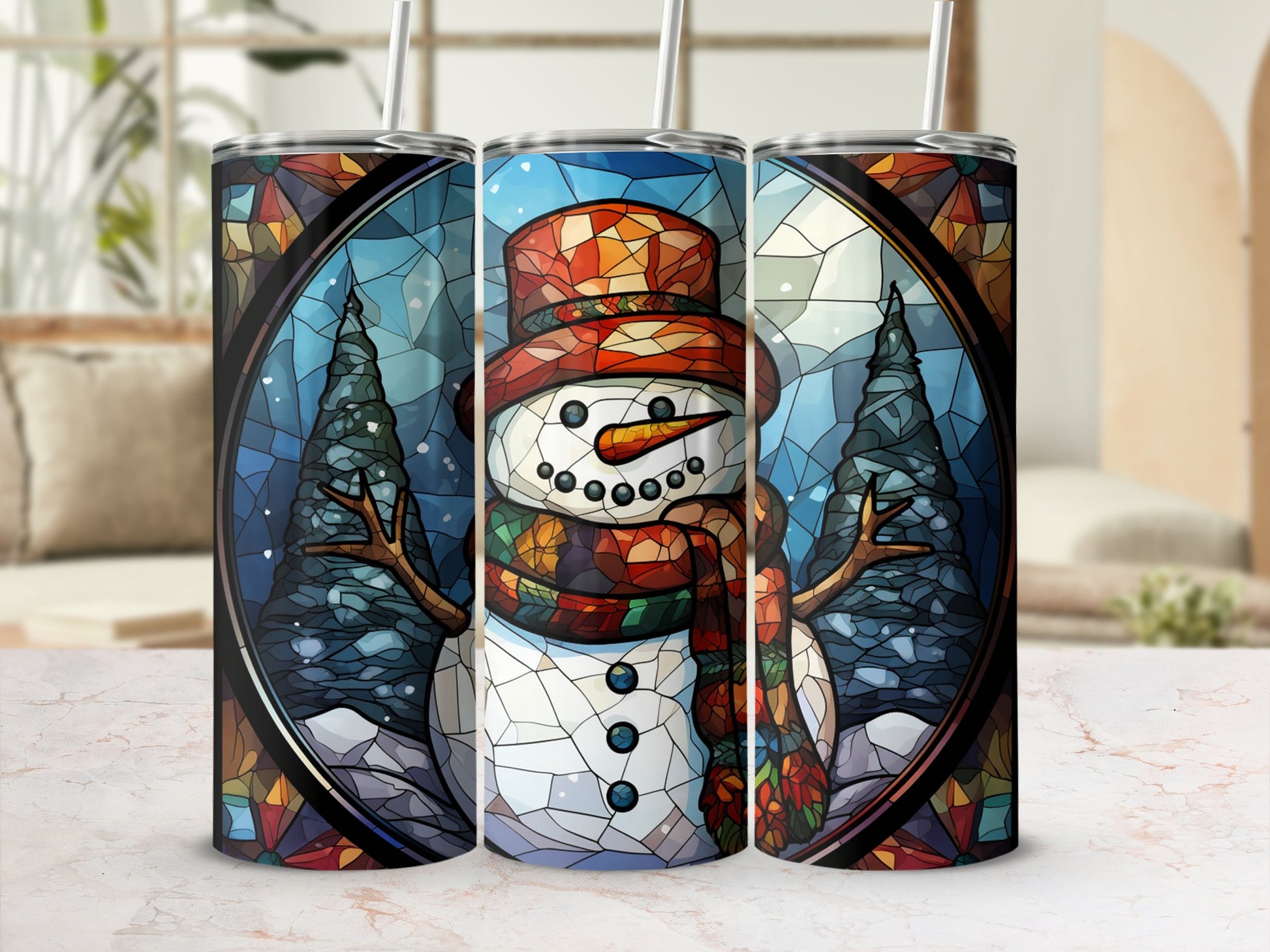 Stained glass snowman with colorful scarf and hat, winter trees, white background.