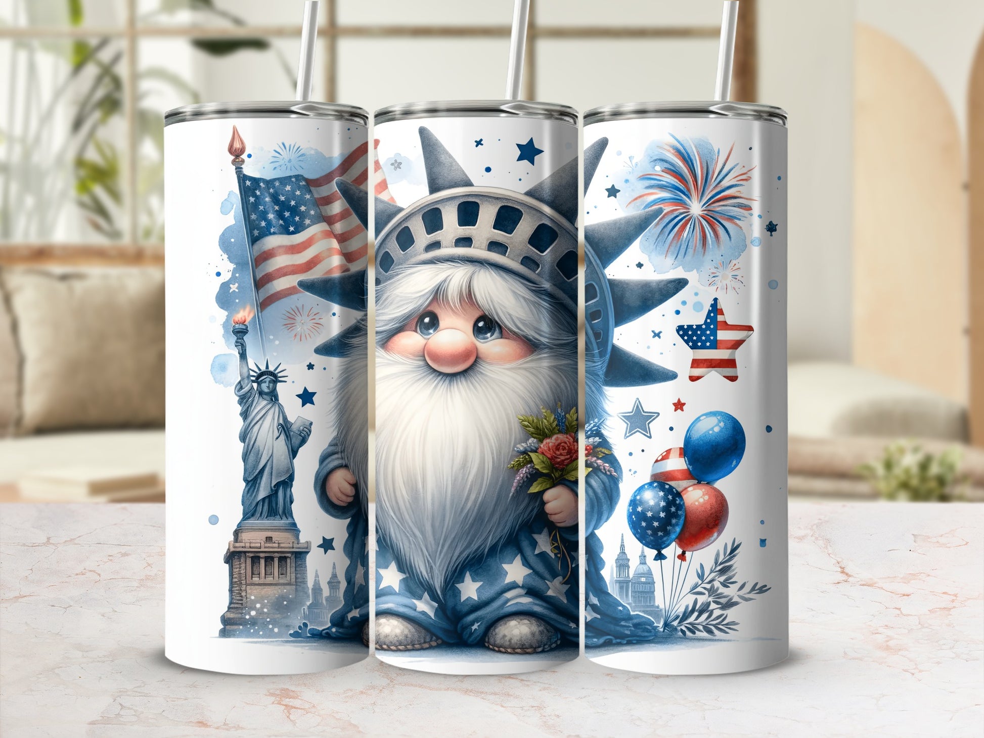 Gnome in Statue of Liberty costume holding flowers, with fireworks and flags.