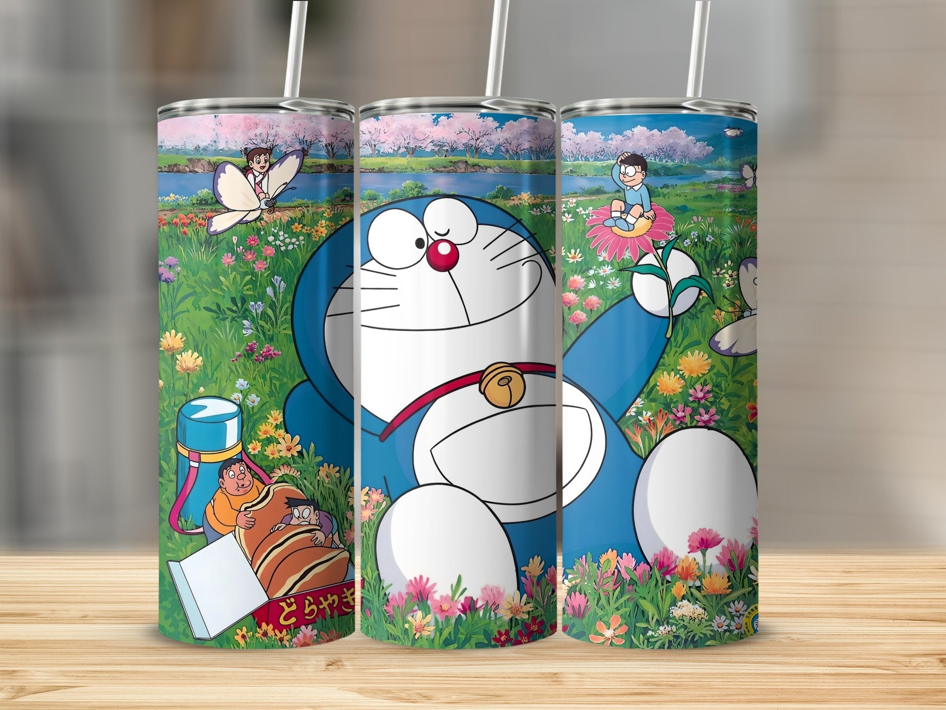 Cute Cartoon Cat and Kids in Flower Field Tumbler