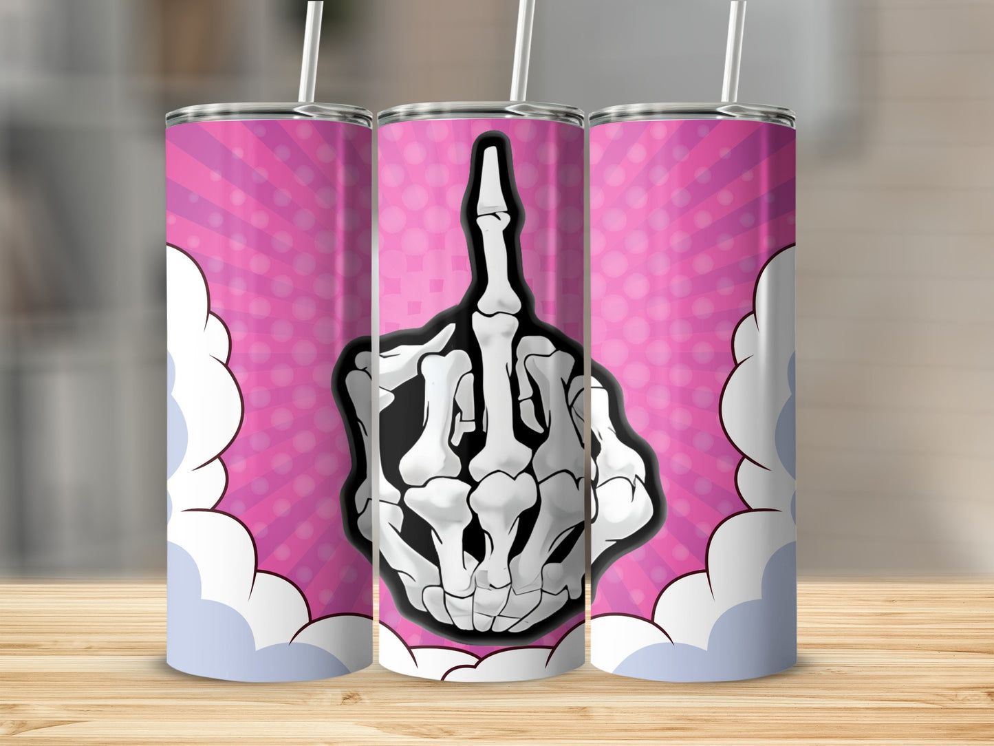 Middle Finger Skeleton Hand on Pink Background tumbler