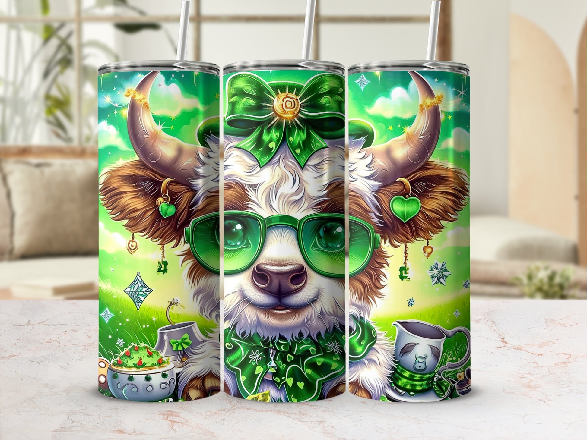 St. Patrick's Day cow tumbler with green glasses, clover, and shamrock accents.