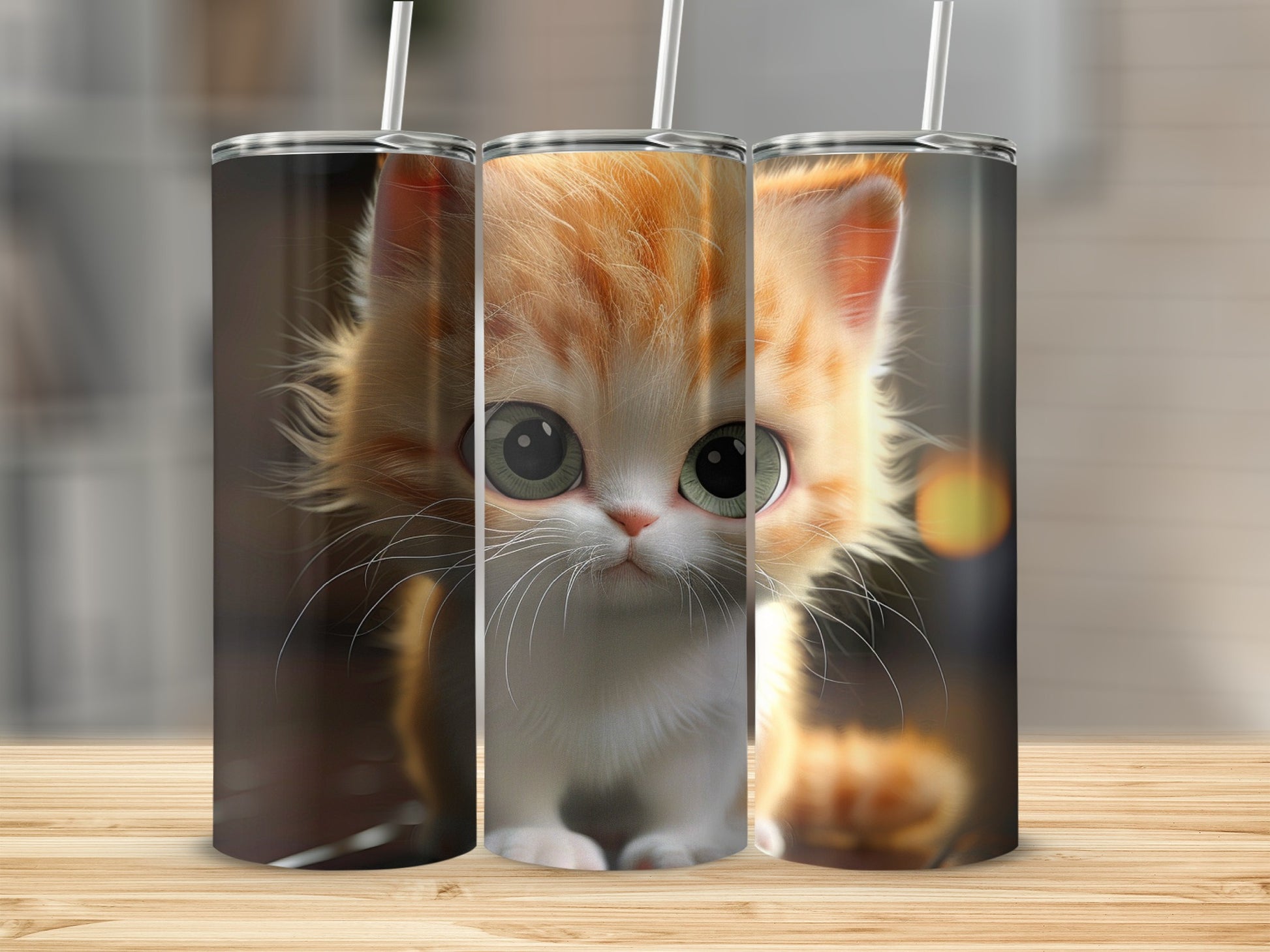Cute fluffy kitten with large green eyes on a tumbler.