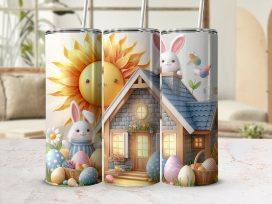 Easter scene with bunnies, eggs, and a house.