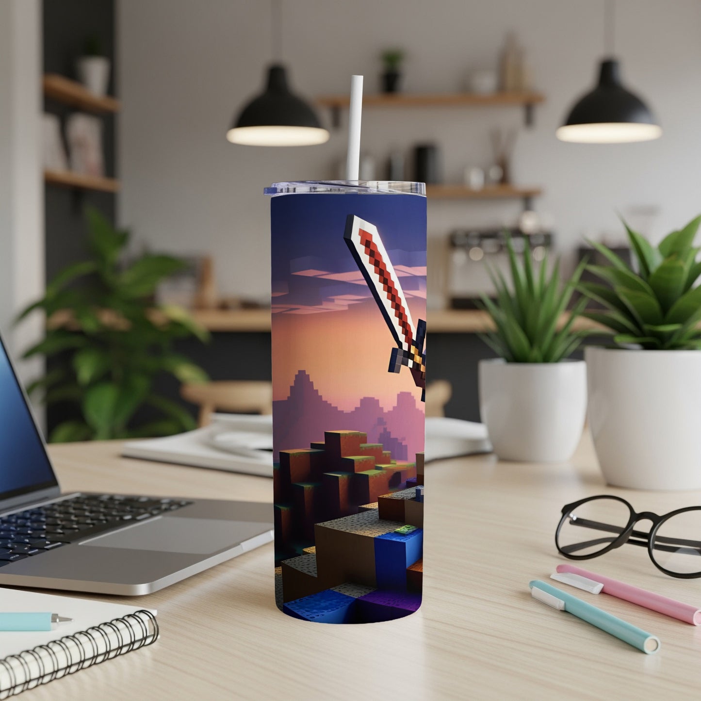 Minecraft sword and block landscape on a tall tumbler.