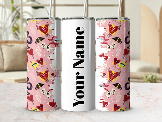 Personalized Pink and White Tumbler with Hearts Design
