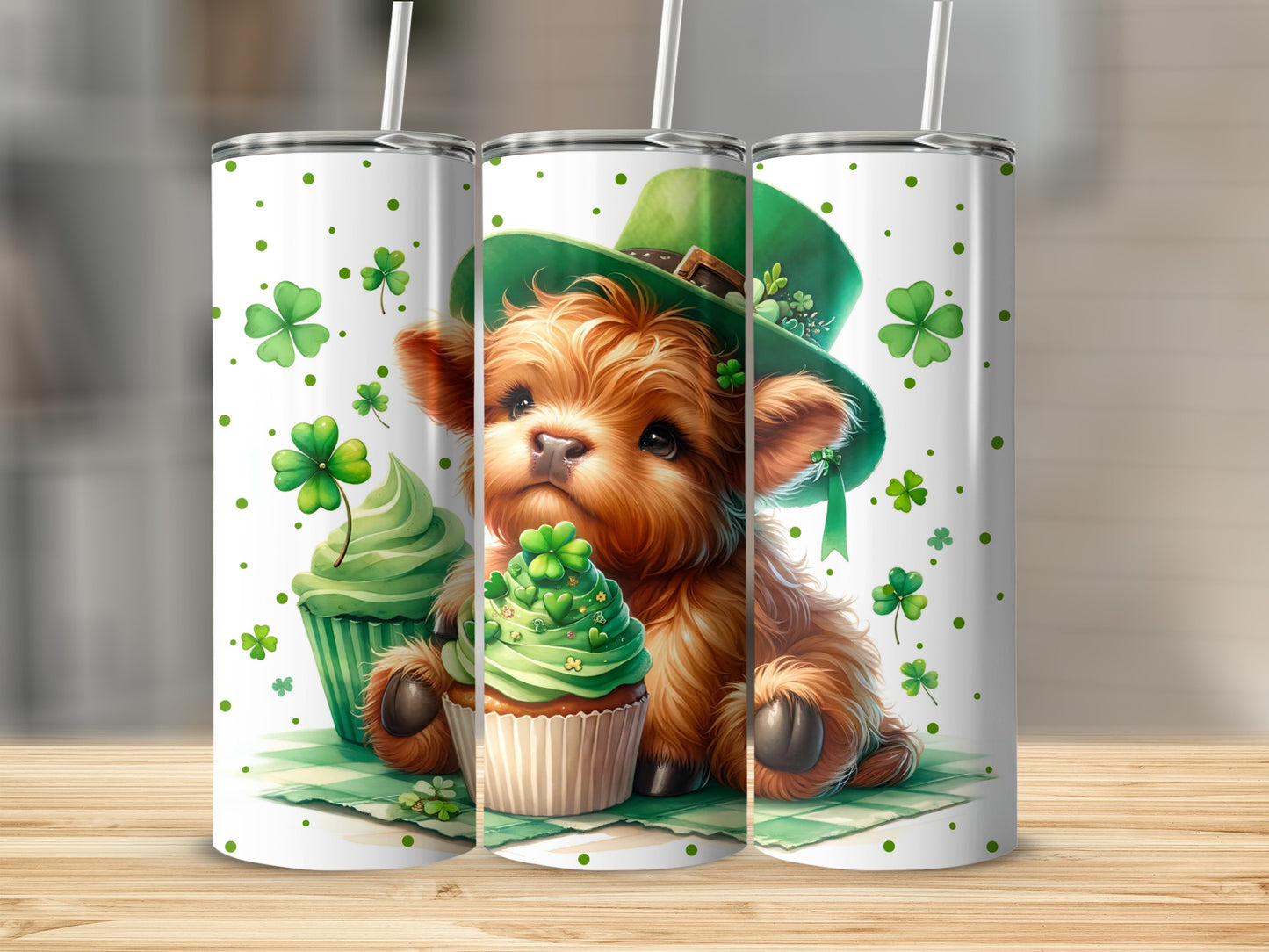 Fluffy calf in a green hat with shamrocks and cupcakes.