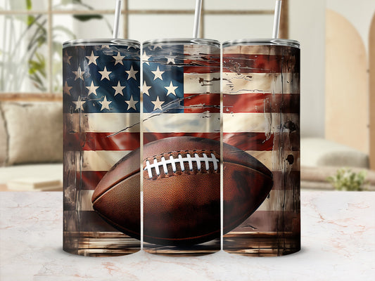 American flag tumbler with football detail, presented in a home setting.