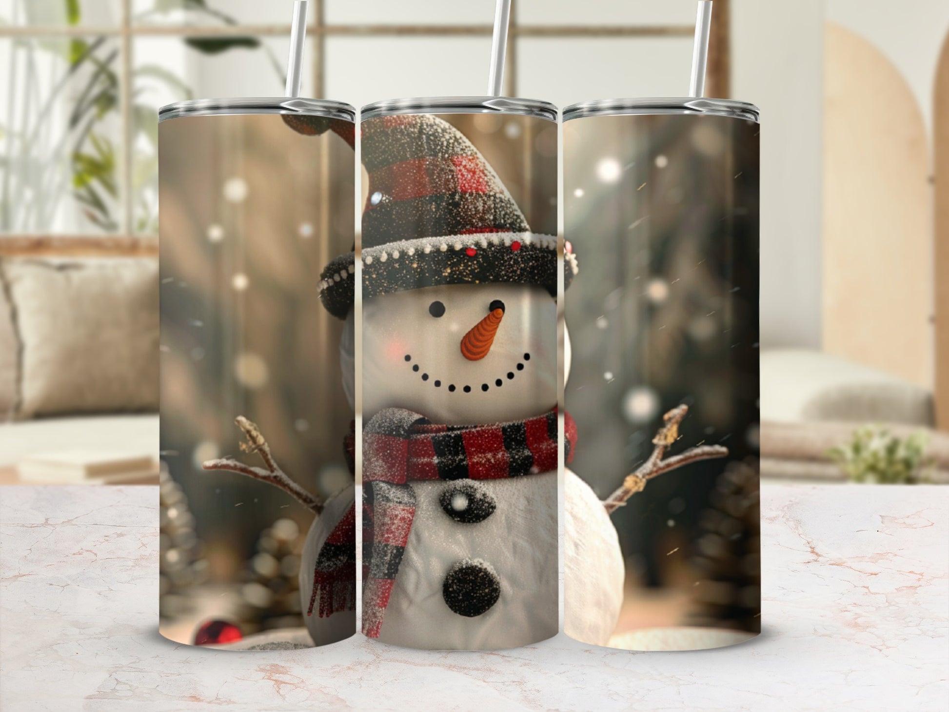 Tumbler with a smiling snowman wearing a plaid hat and scarf.