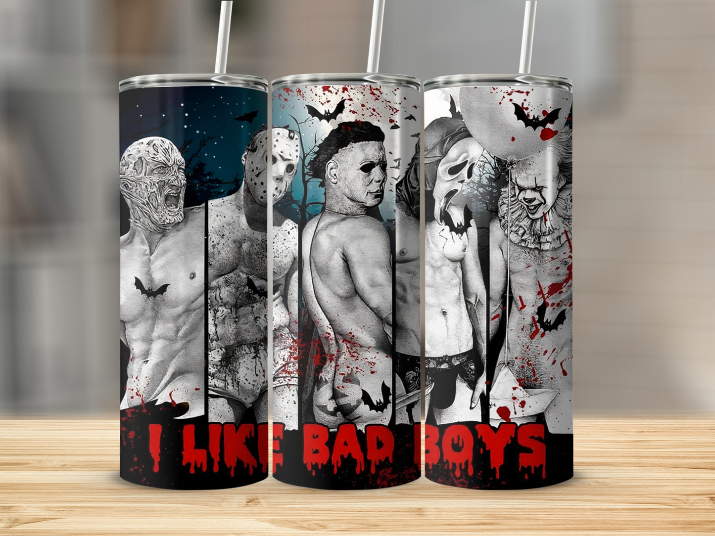 Three horror movie villains on tumblers with "I LIKE BAD BOYS" text.