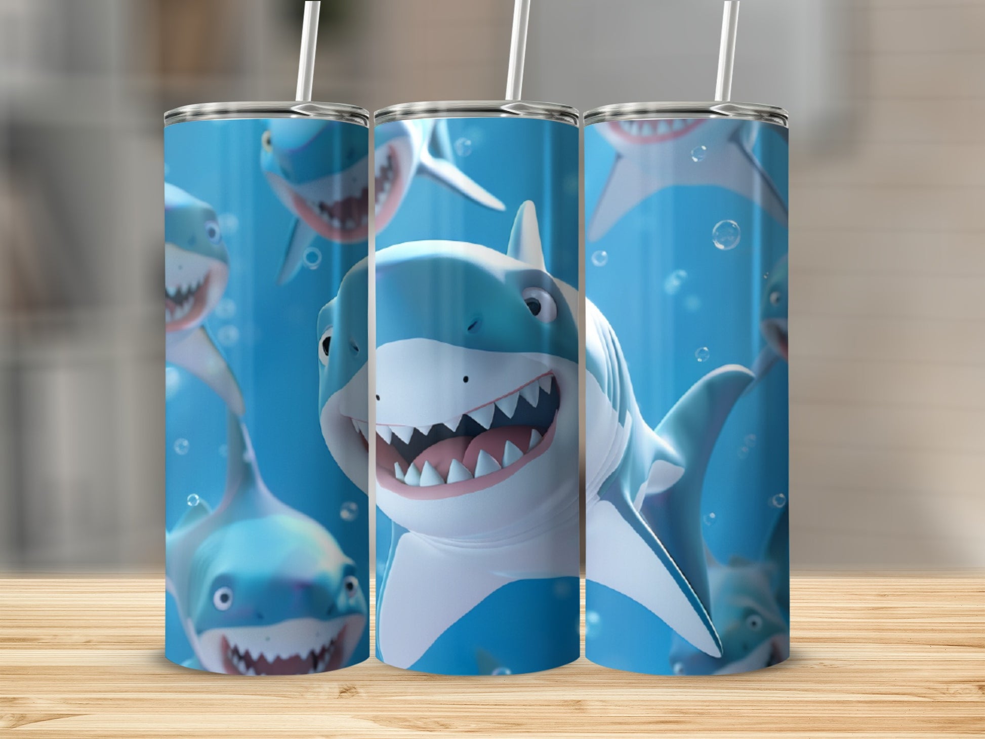 Three cartoon sharks with wide smiles and bubble background on tumblers.