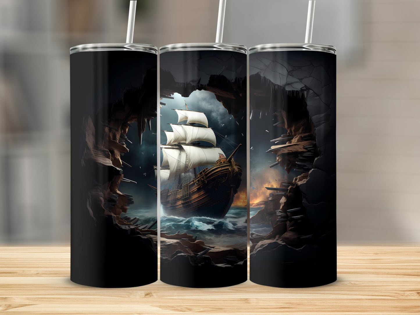Tall tumbler with sailing ship through rocky archway design.