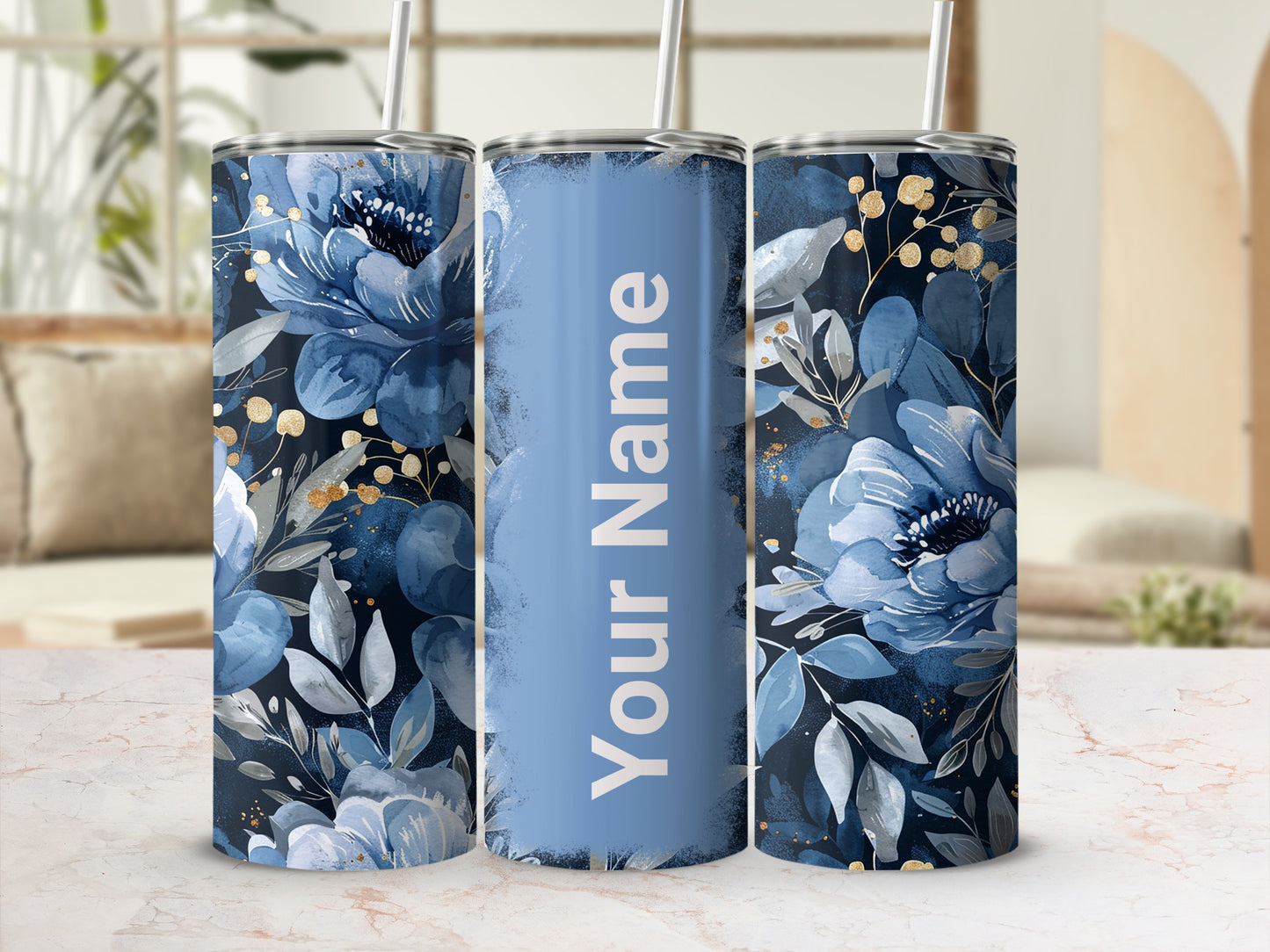 Personalized Blue Floral Tumbler with Custom Name Option