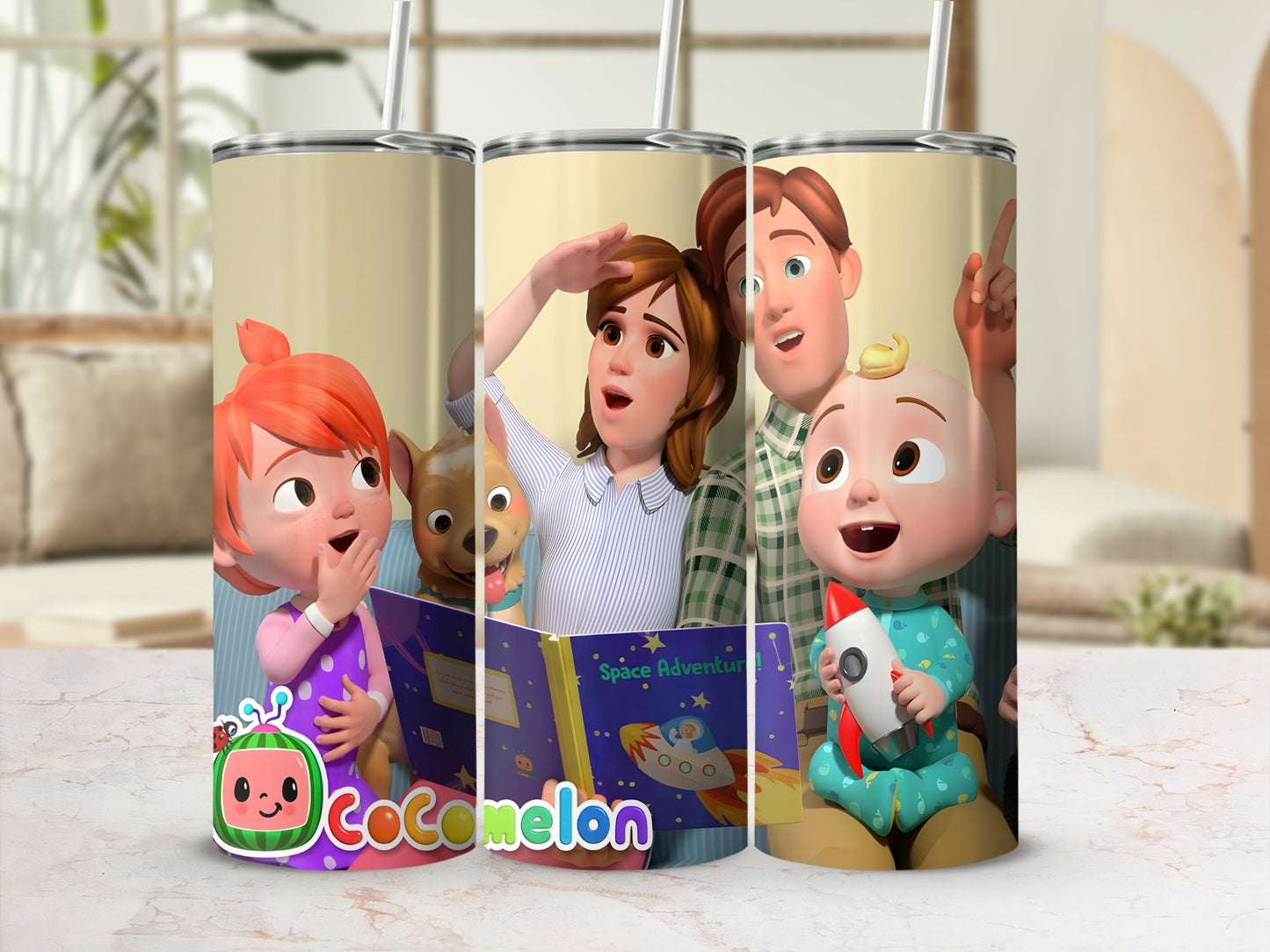 Cocomelon characters reading a book with rocket ship illustration.