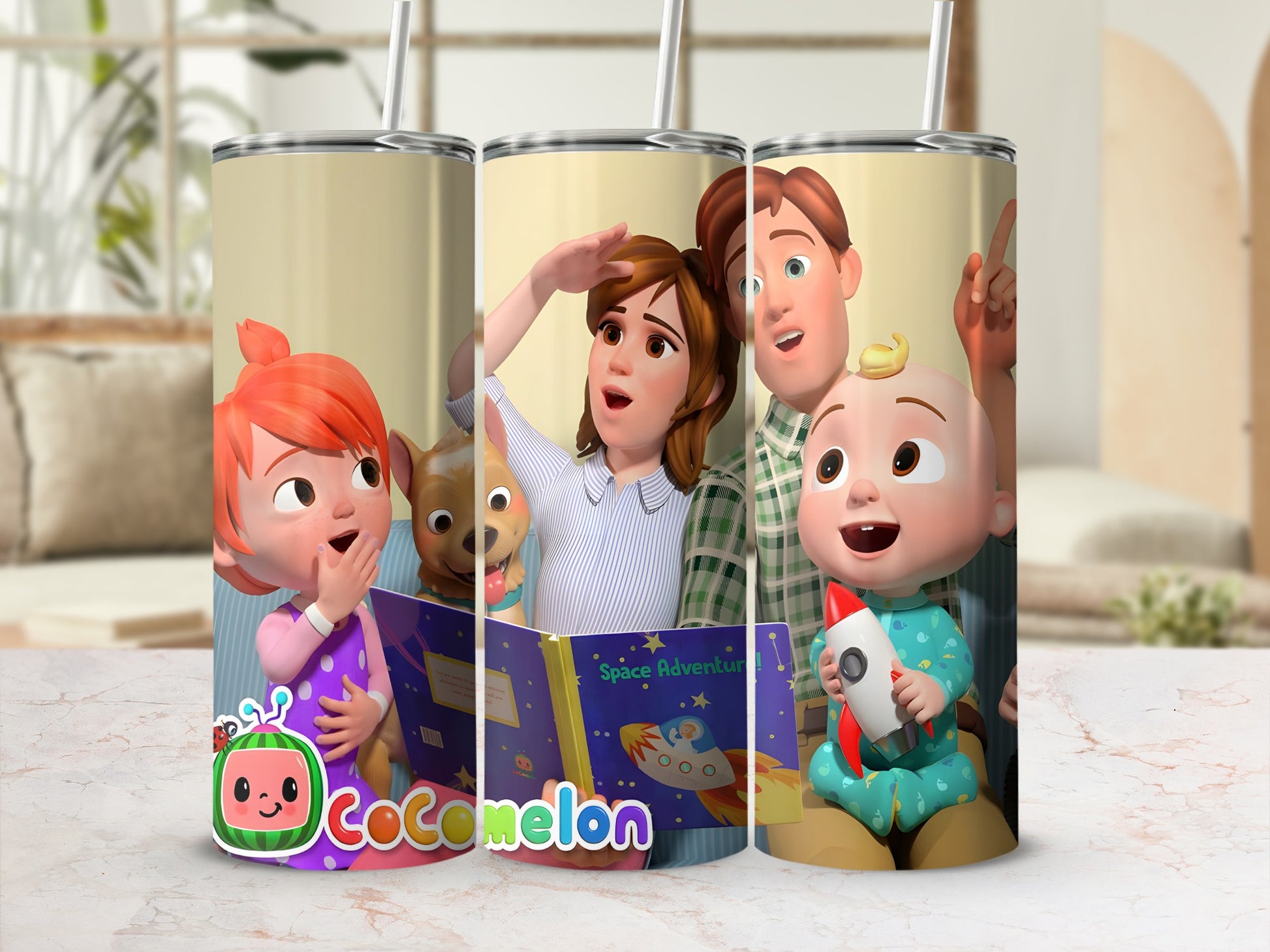 Cocomelon characters reading a book with rocket ship illustration.