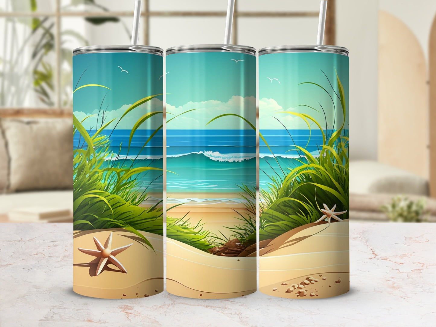 Sandy Beach Ocean Waves Starfish Seagulls Horizon View product type