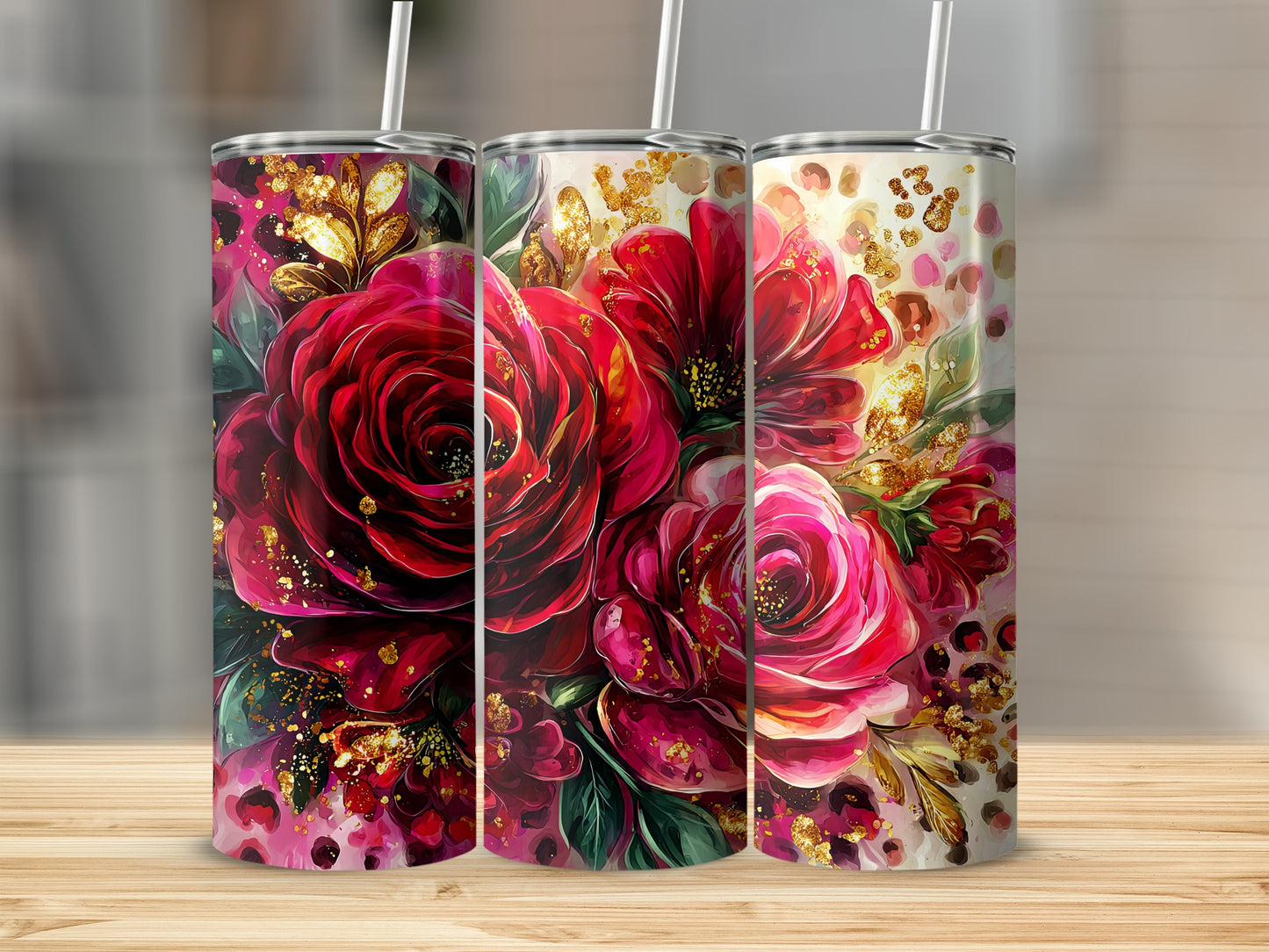 Elegant Red and Pink Floral Design Tumblers