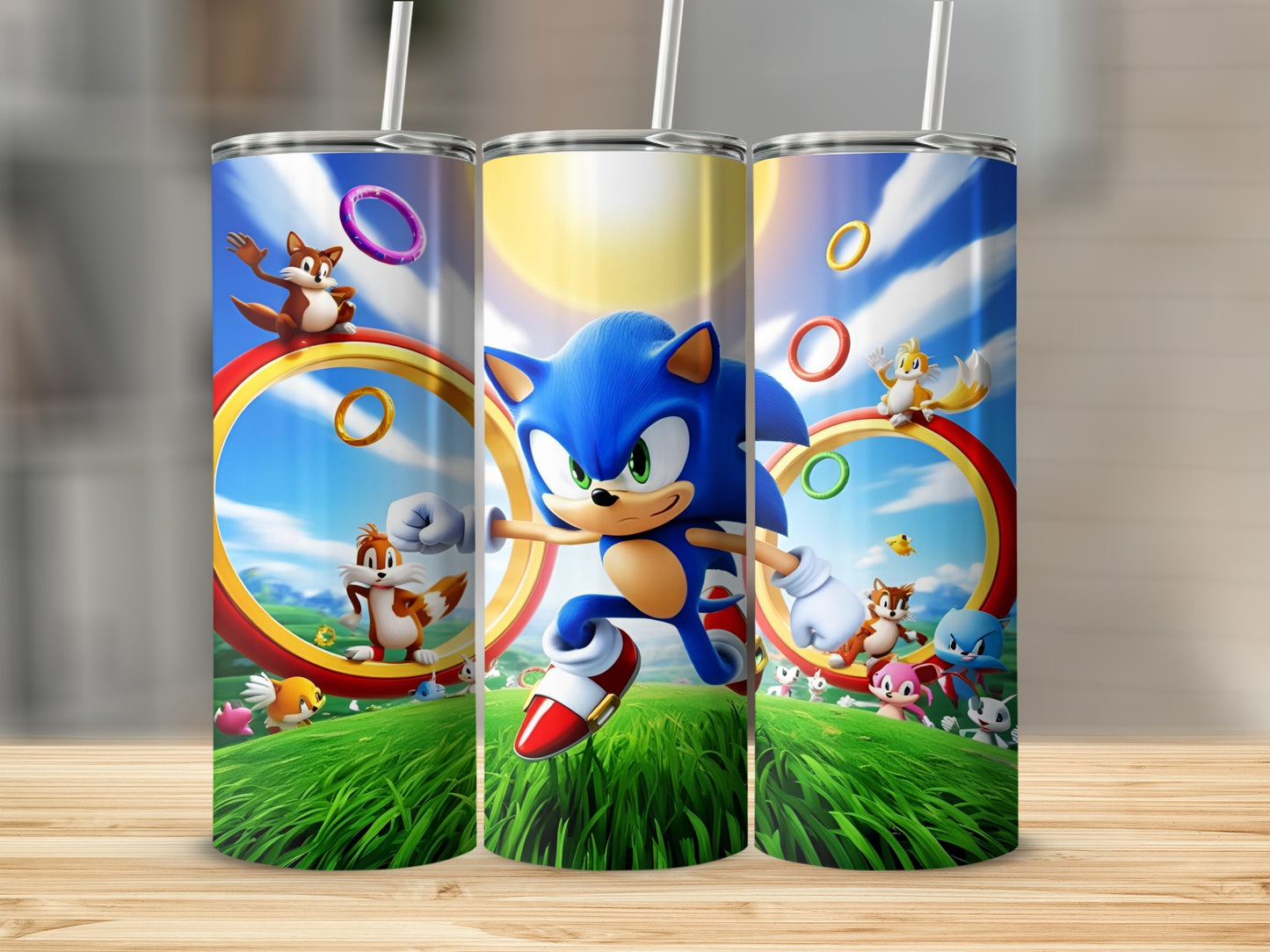 Sonic the Hedgehog and friends running through green grassy fields with rings.