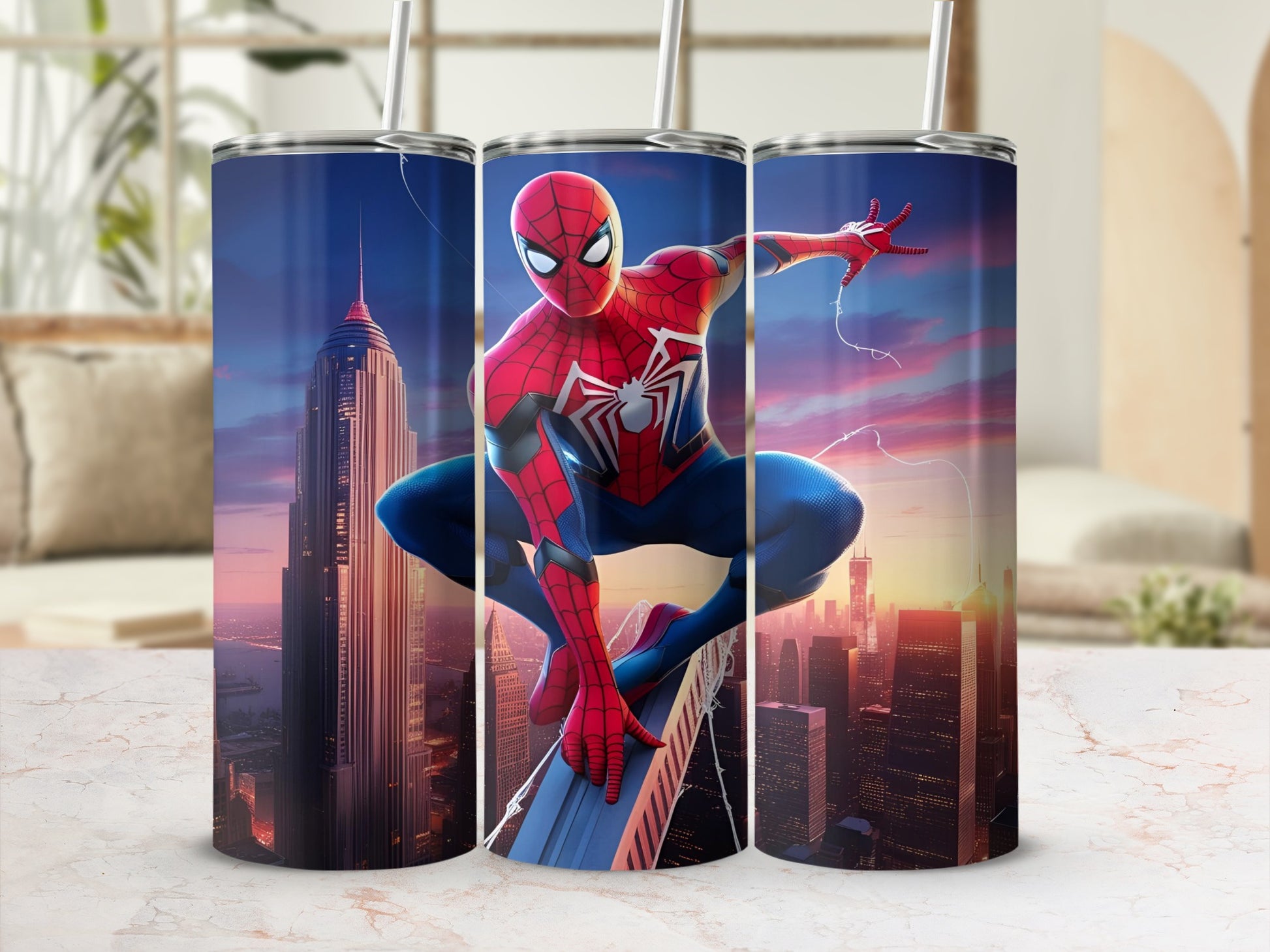 Spiderman crouches on a skyscraper overlooking a city at sunset.