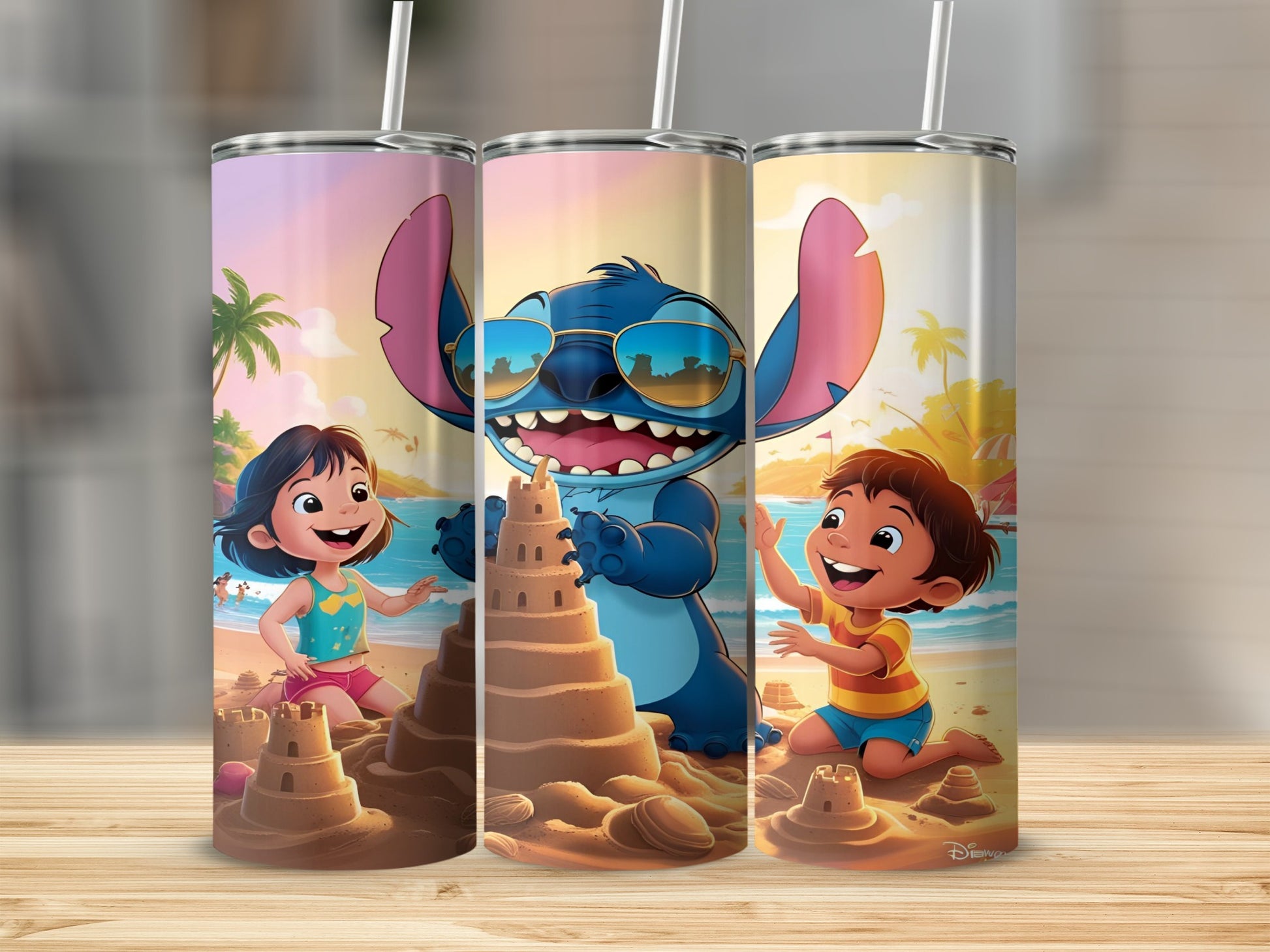 Stitch and children build sandcastles on a beach.