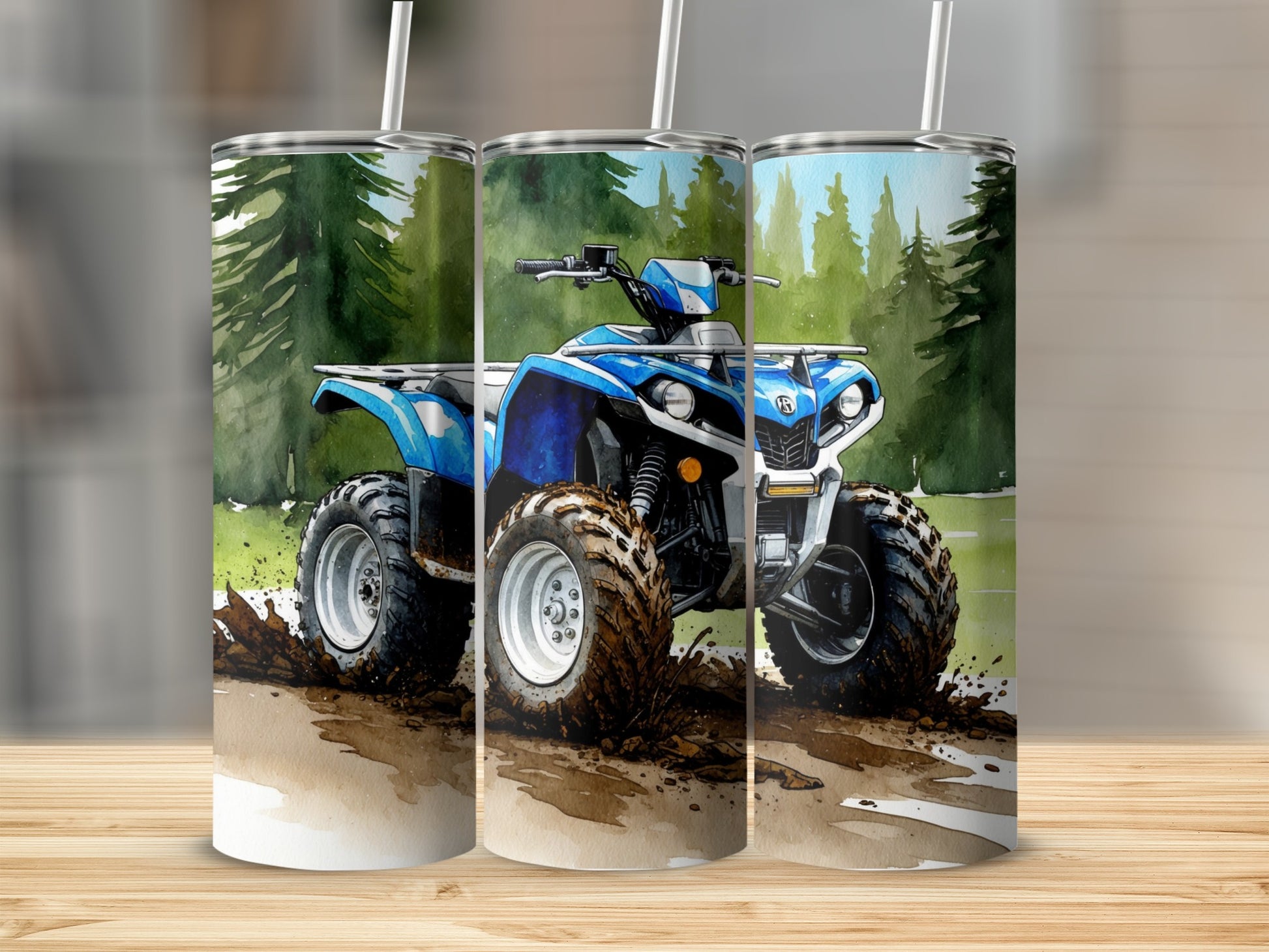 Blue ATV splashing through mud and water in a forest.