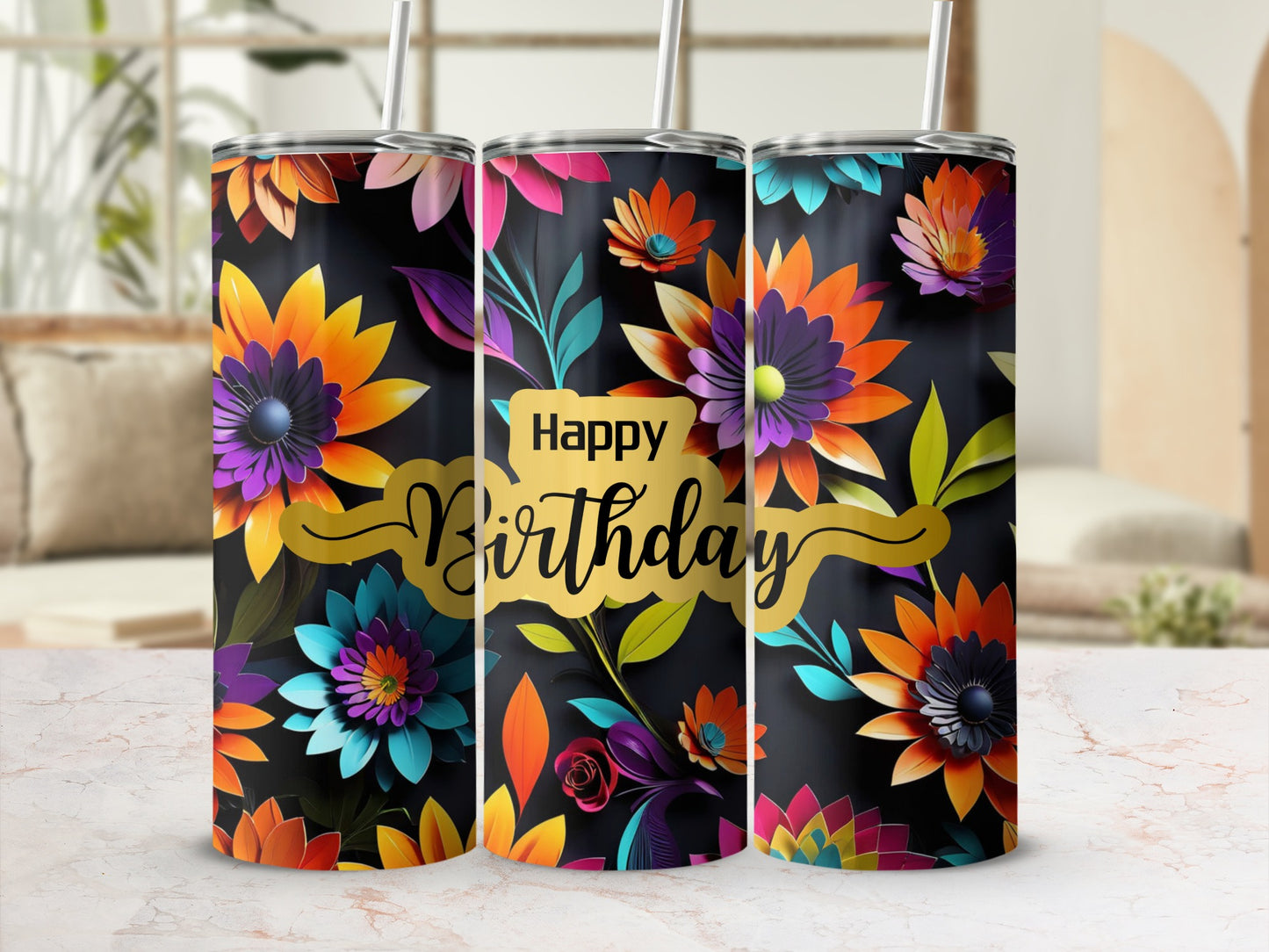Floral "Happy Birthday" tumbler with colorful flowers and leaves.