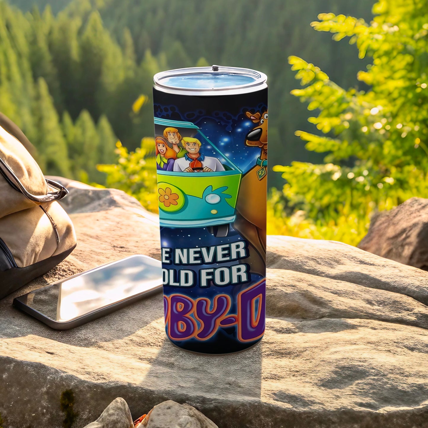 Scooby-Doo characters on a tumbler with text "We never get old for".